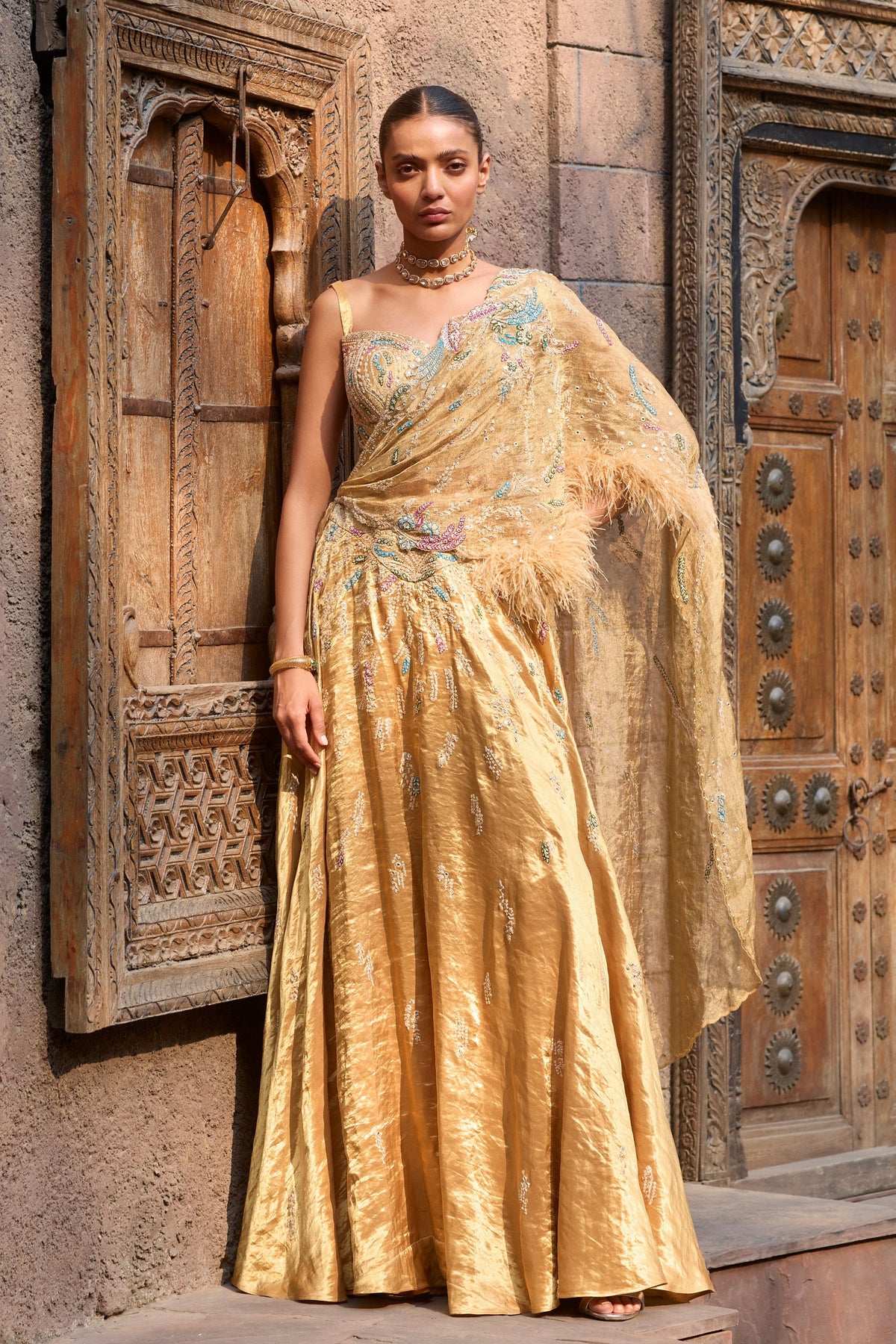 Auric Orchard Drape Saree Set