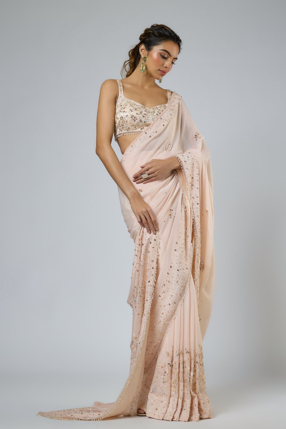 Light Peach Draped Saree Set