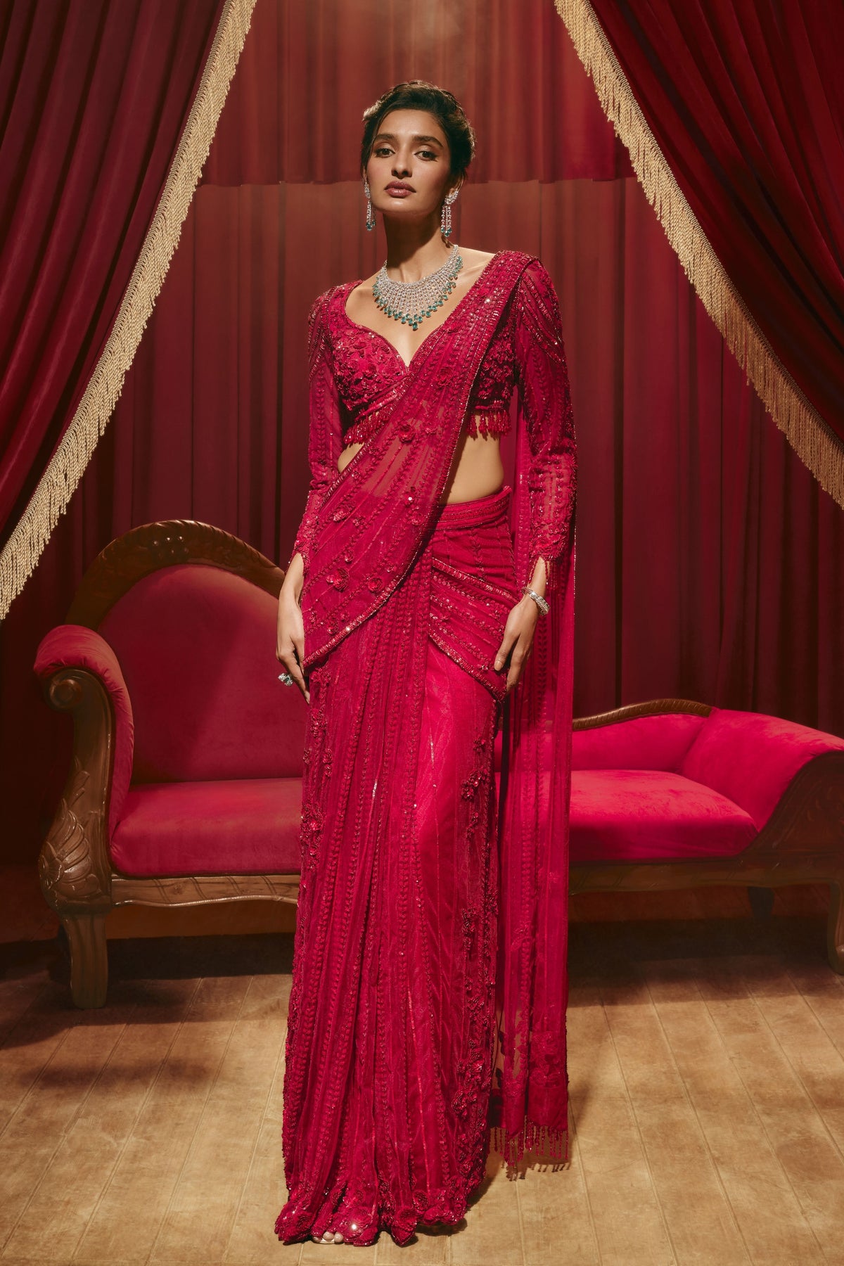 Valentina Red Draped Saree Set