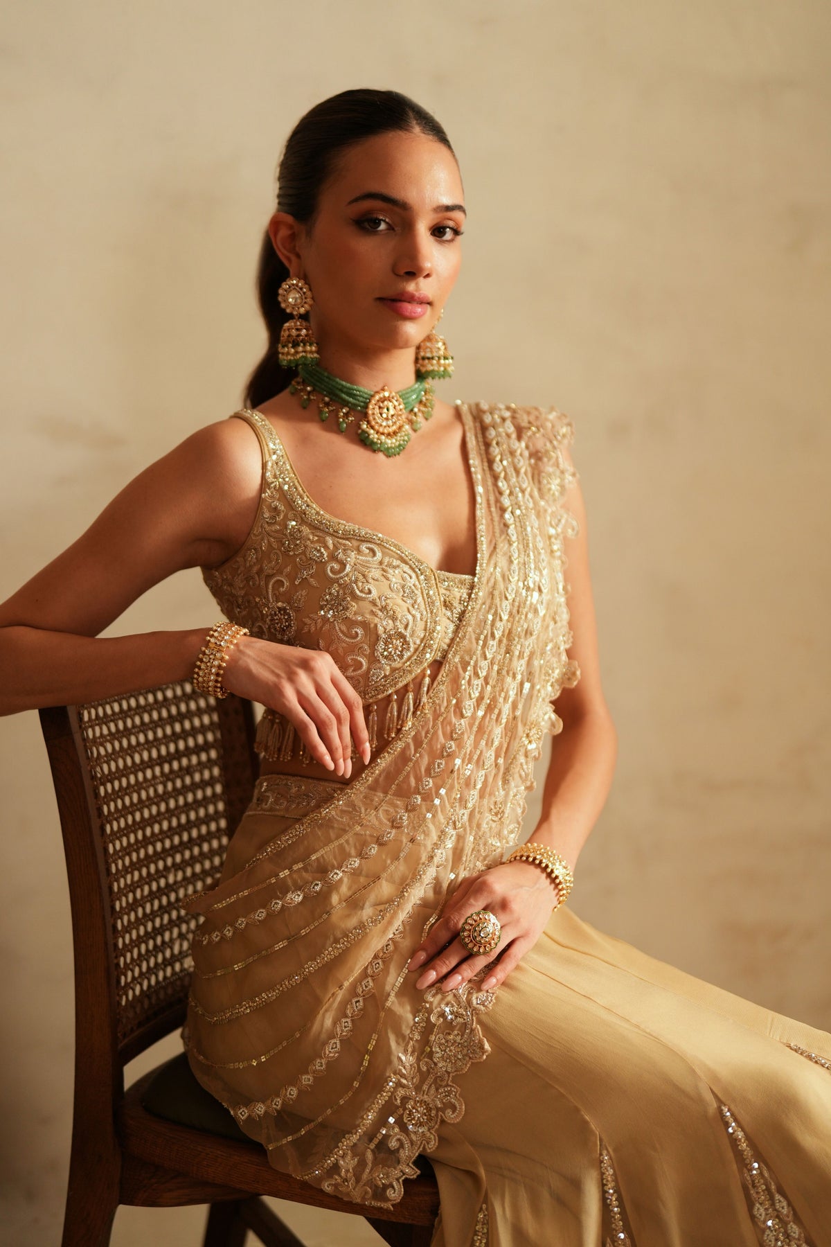 Beige Gold Lehenga Saree Set