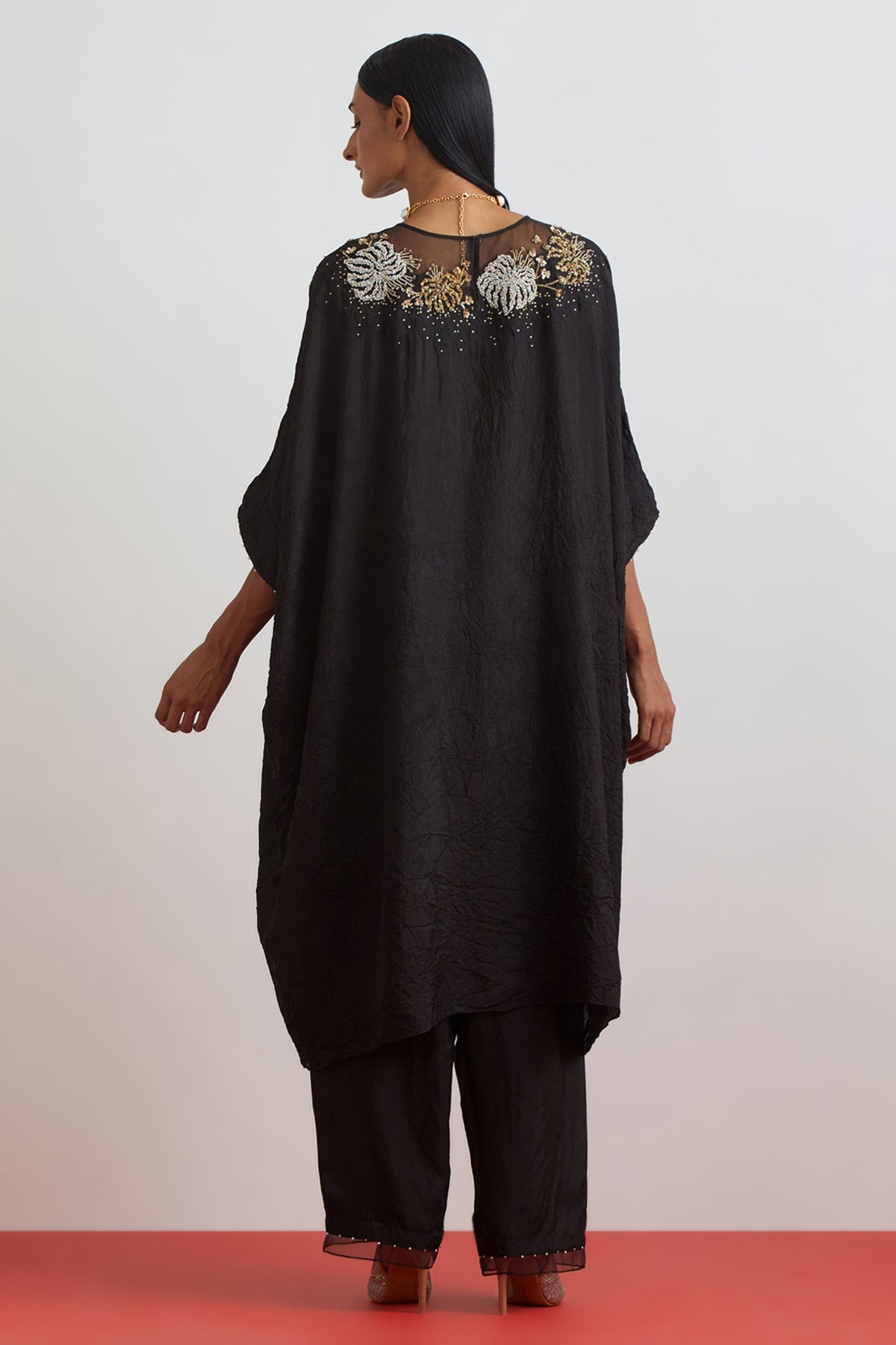 Black Floral Crystal Kaftan Set