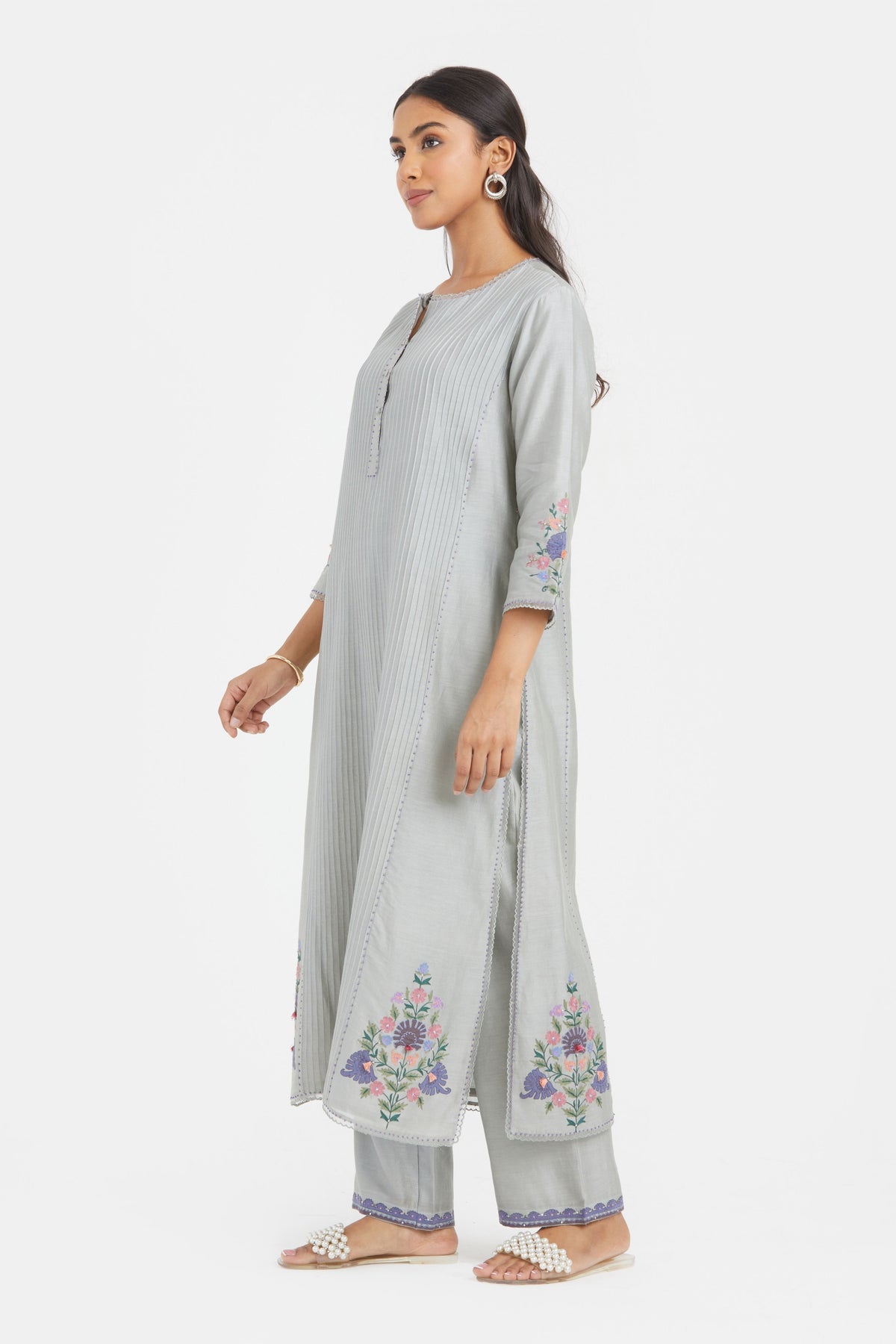 Bluish Grey Pintucks Kurta Set