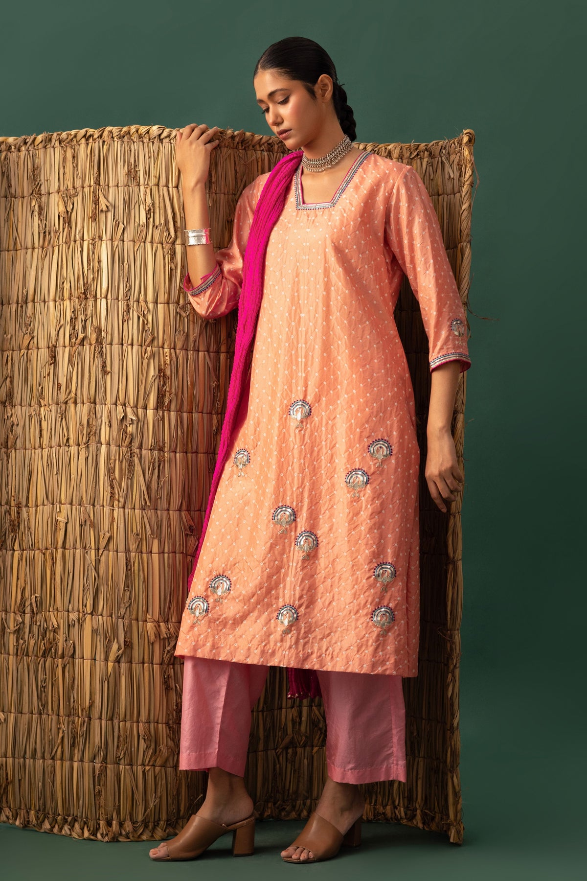 Peach Bandhani Gota Kurta Set