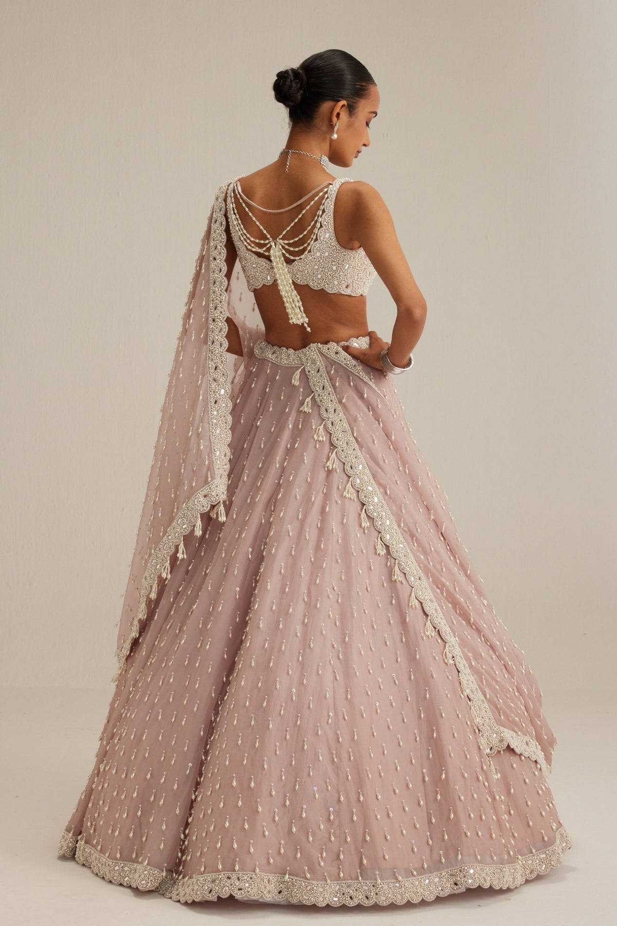 Ash Pink Pearl Drop Lehenga Set