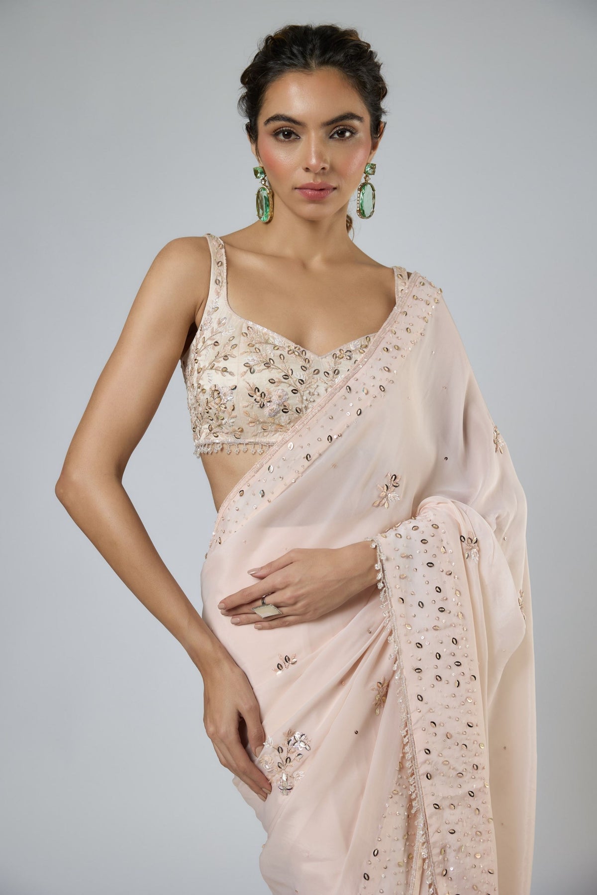 Light Peach Draped Saree Set