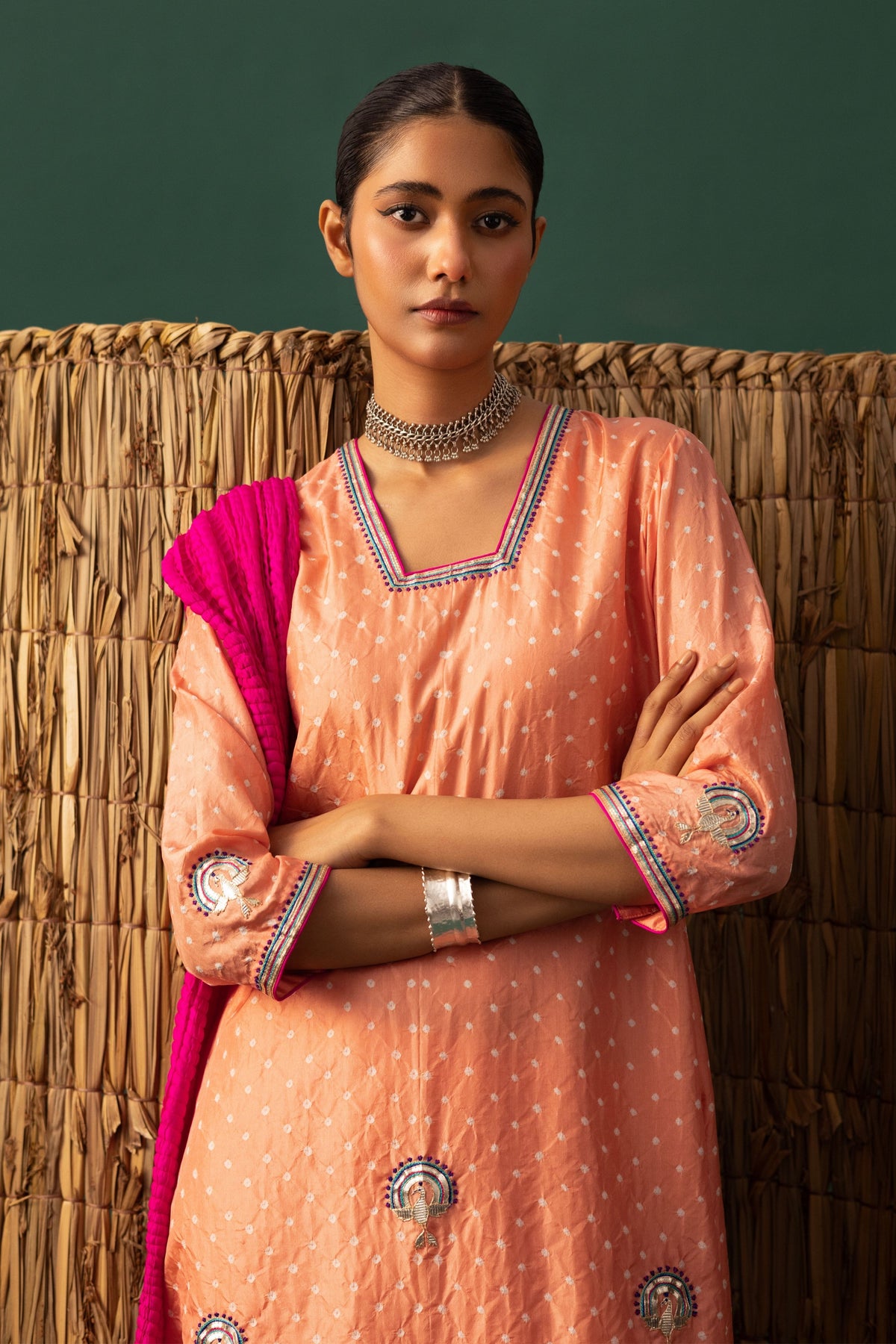 Peach Bandhani Gota Kurta Set
