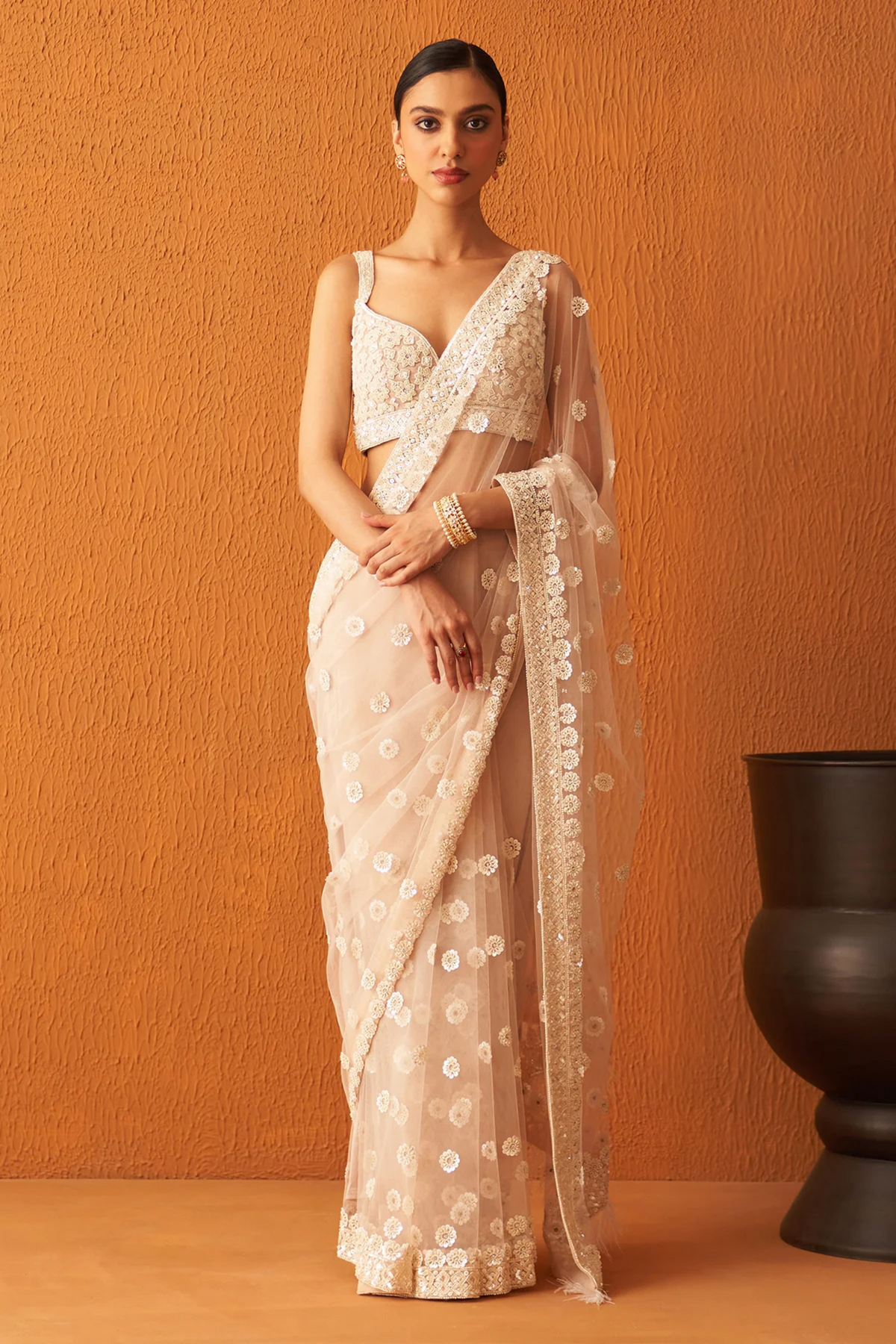 Peach Net Saree