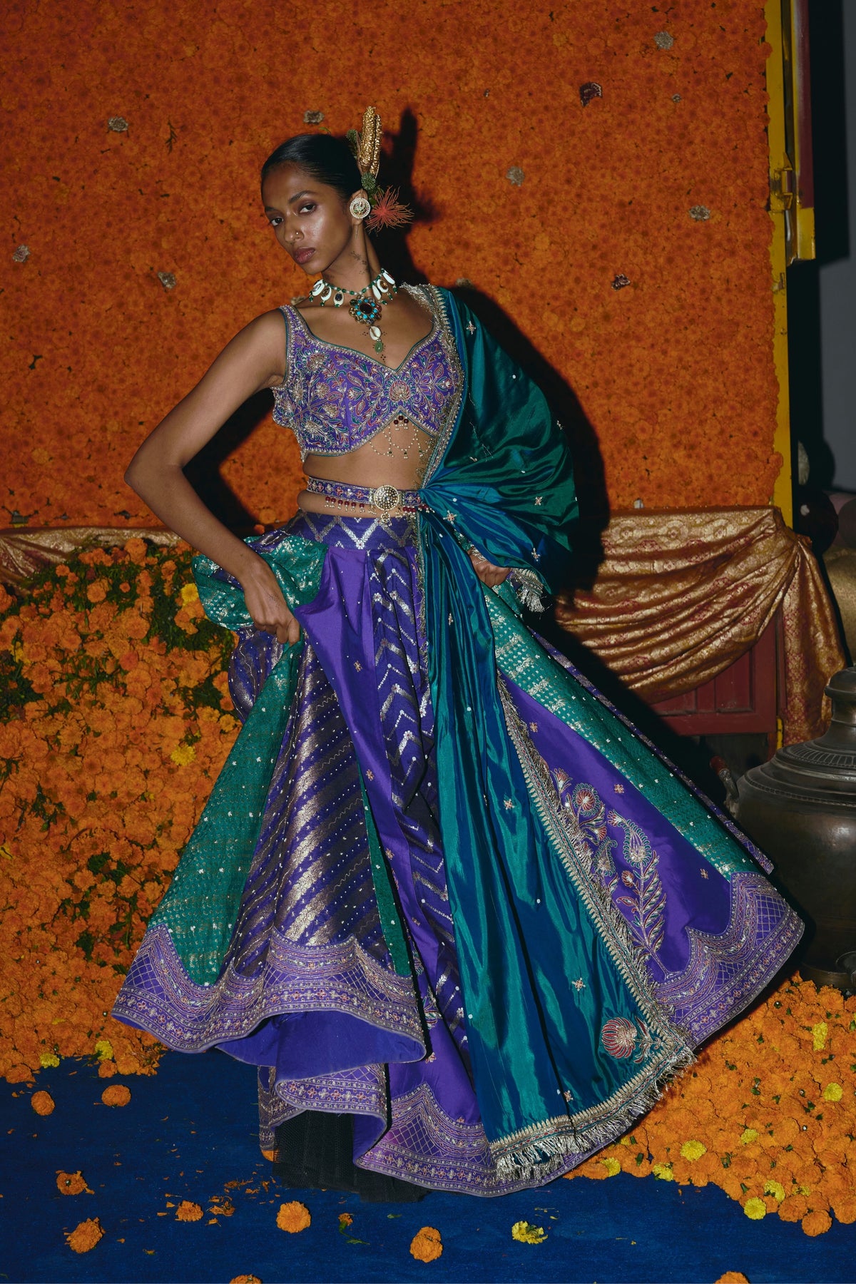 Panelled Purple Lehenga Set