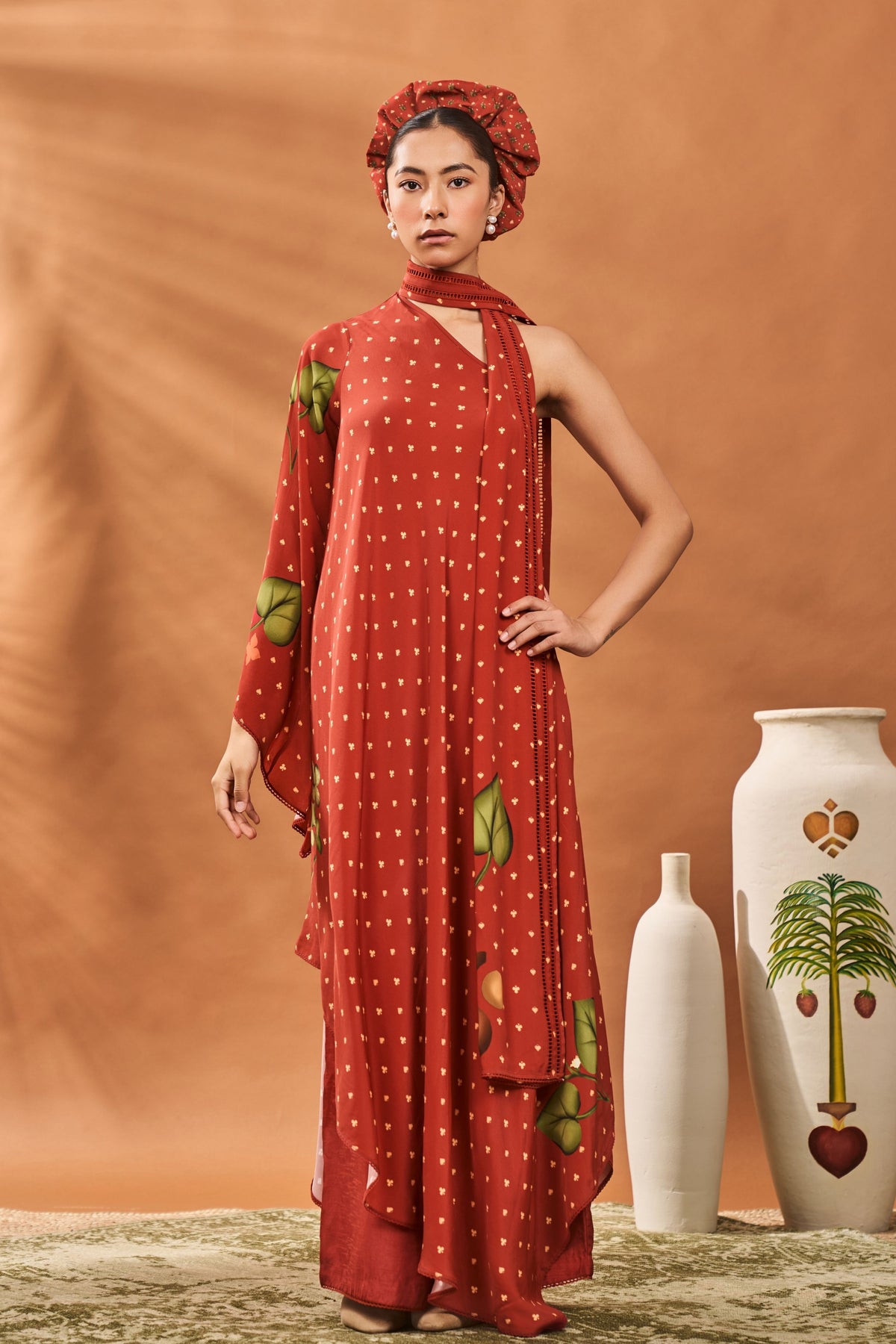 Red One Shoulder Tunic Set
