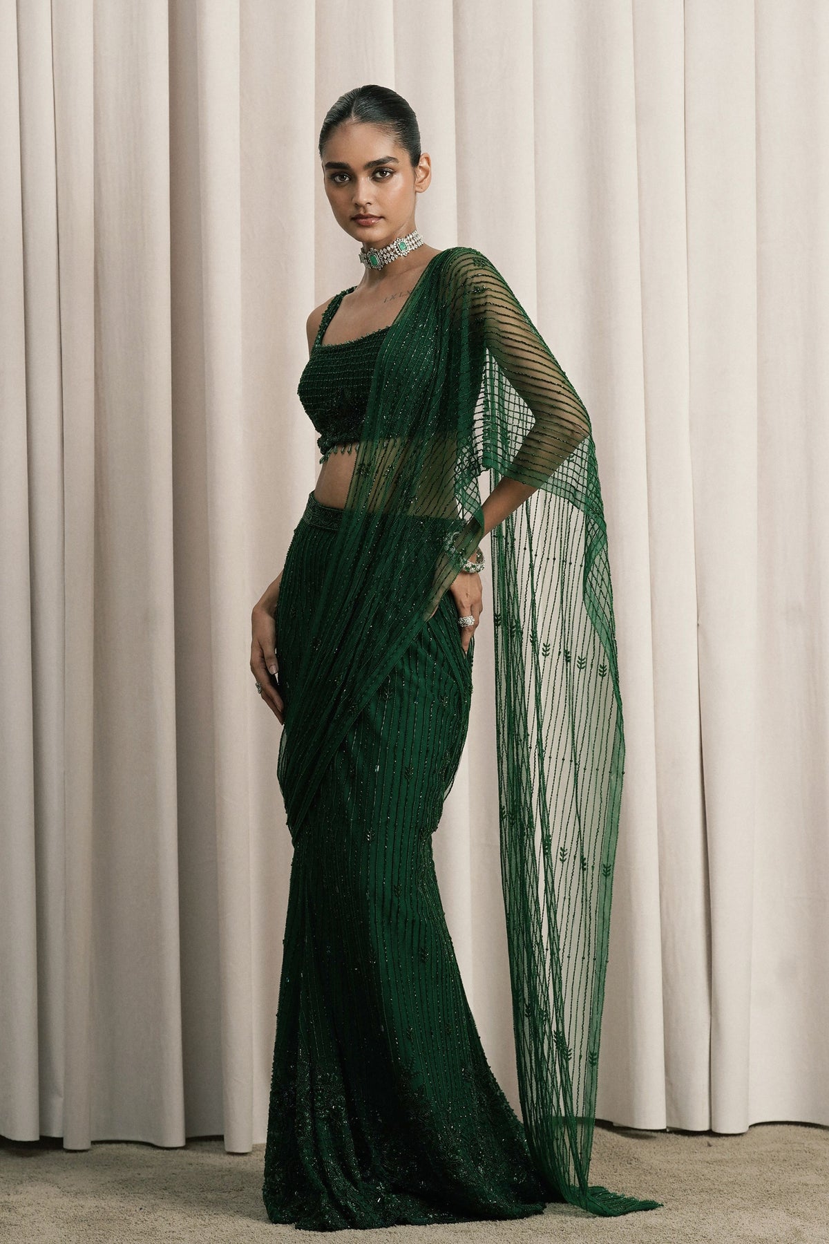 Emerald Green Embroidered Net Saree With Blouse