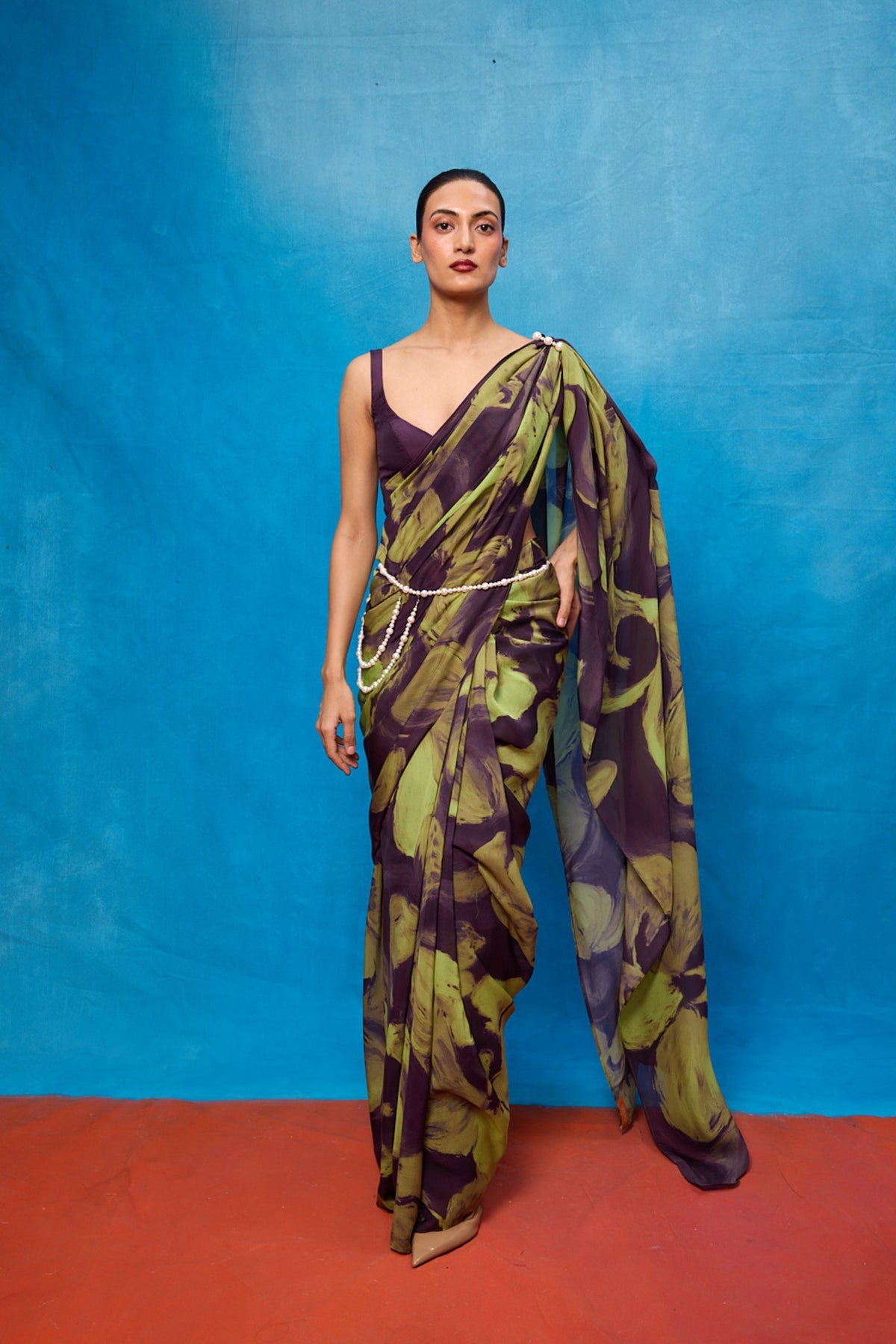 Purple & Pista Brush strokes Saree