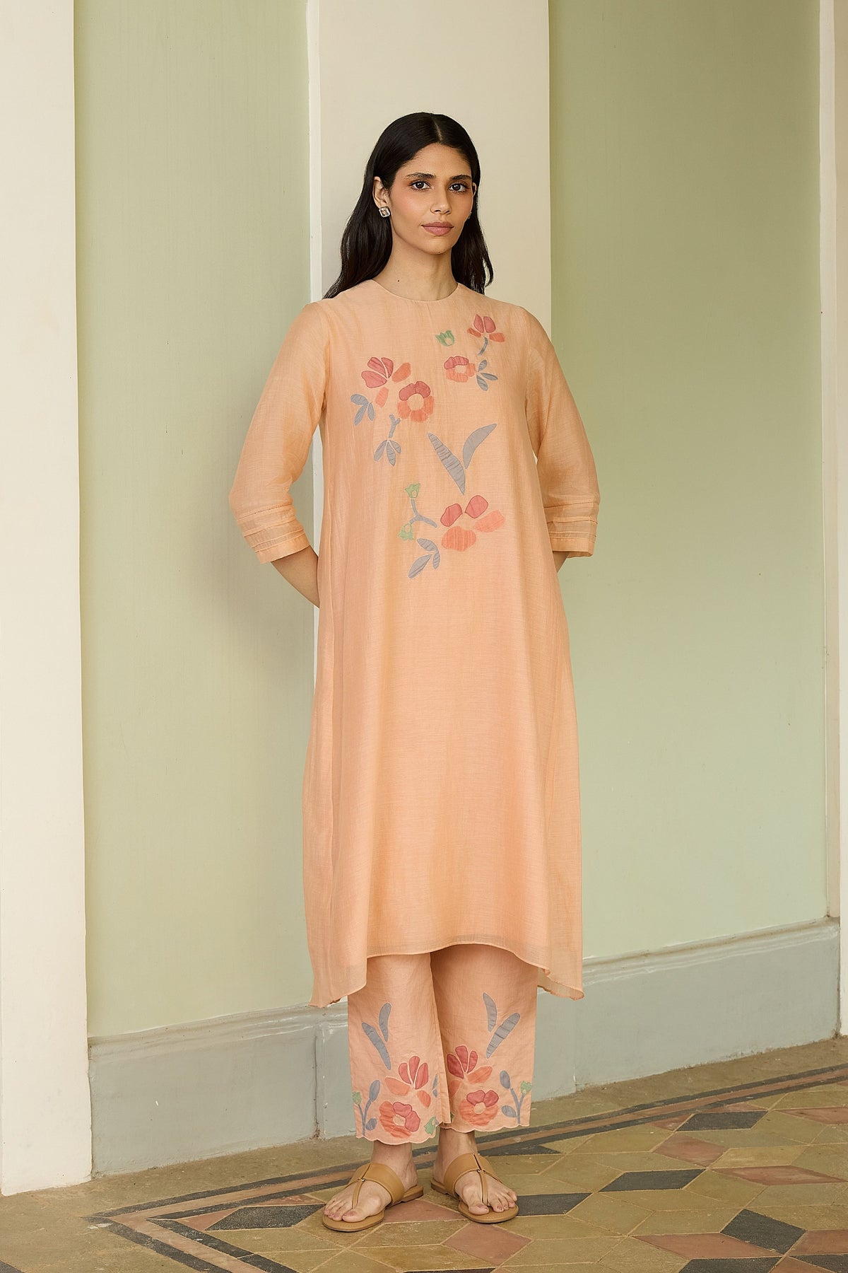 Peach Applique Floral Tunic Set