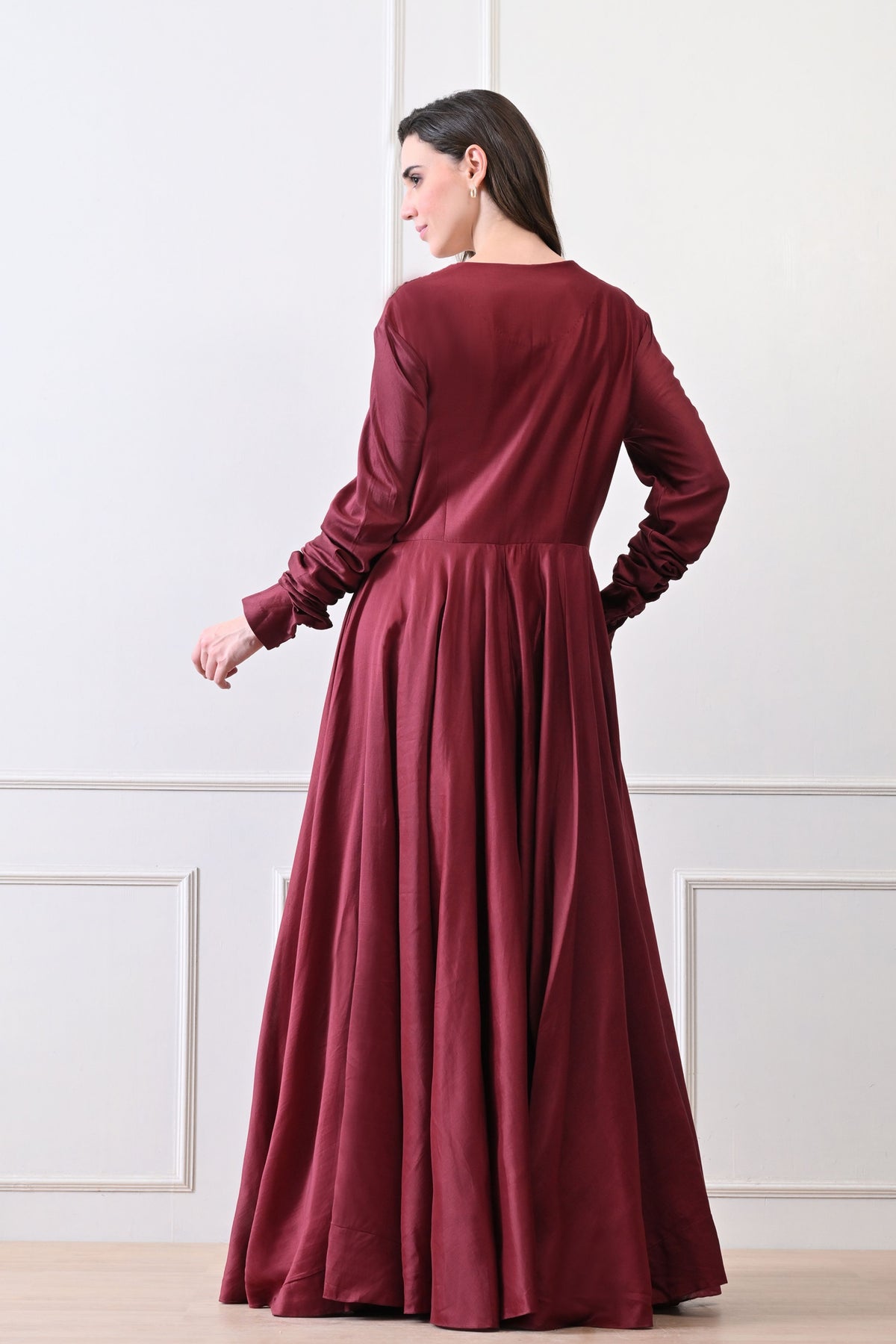 Maroon V-neck Embroidered Anarkali