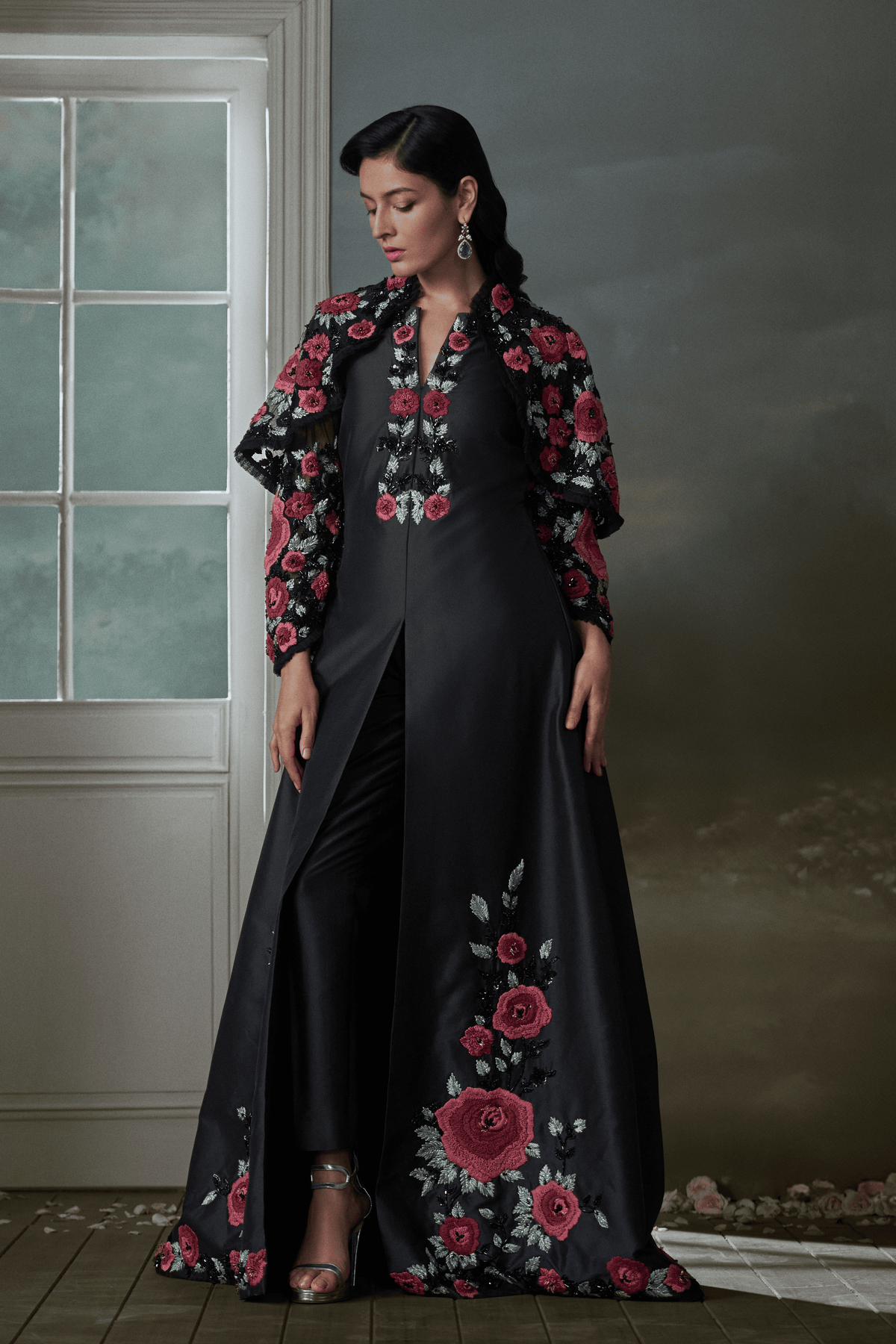 Floral Embroidered Black Long Dress  Set
