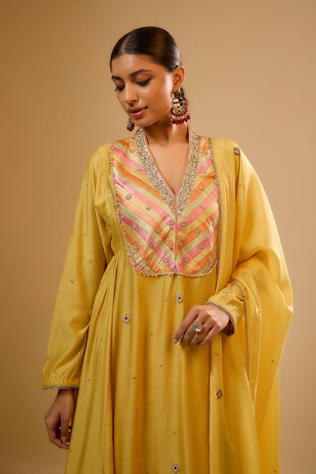 Yellow Stripe Yoke Kurta Set