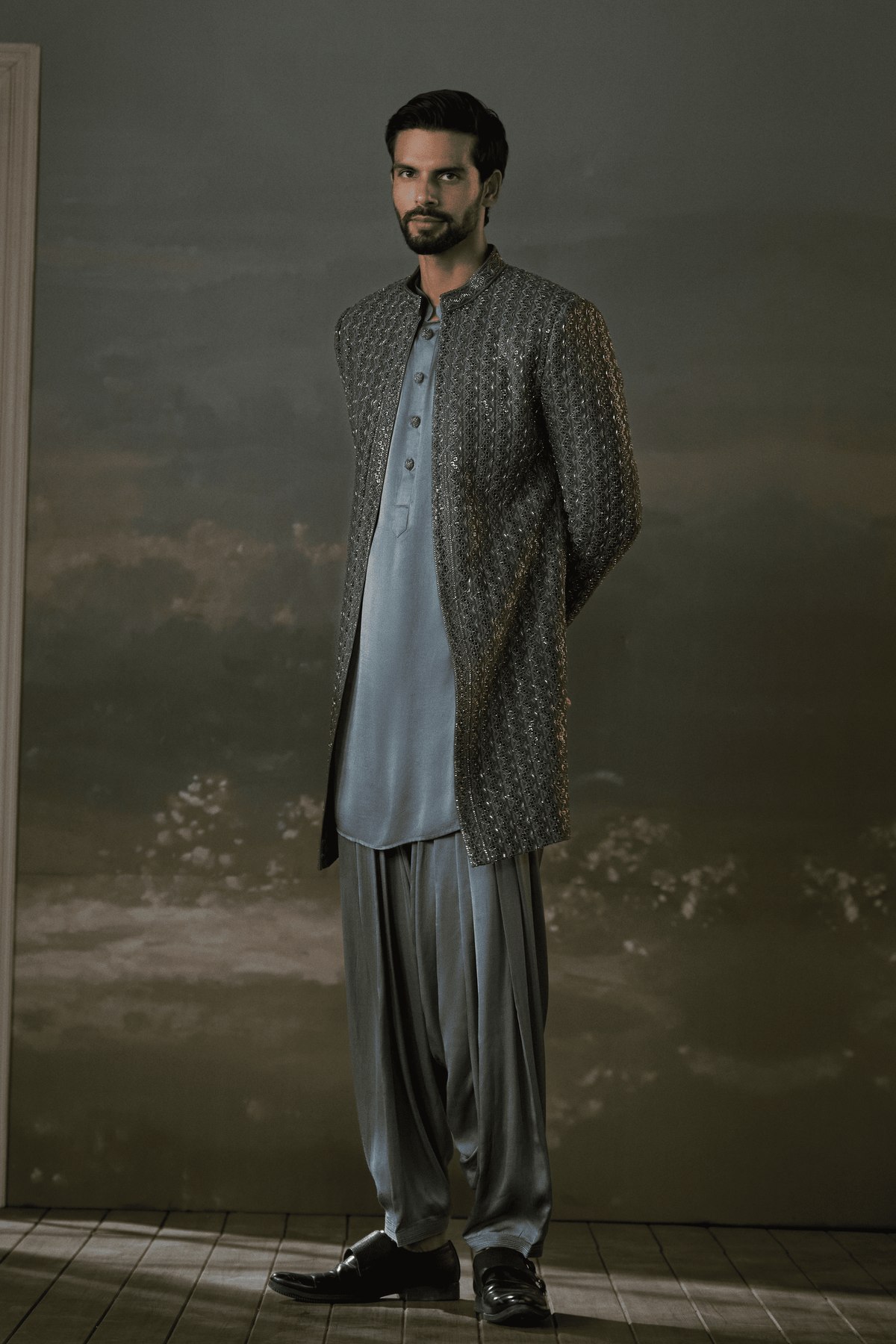Grey Open Jacket With Kurta and Set