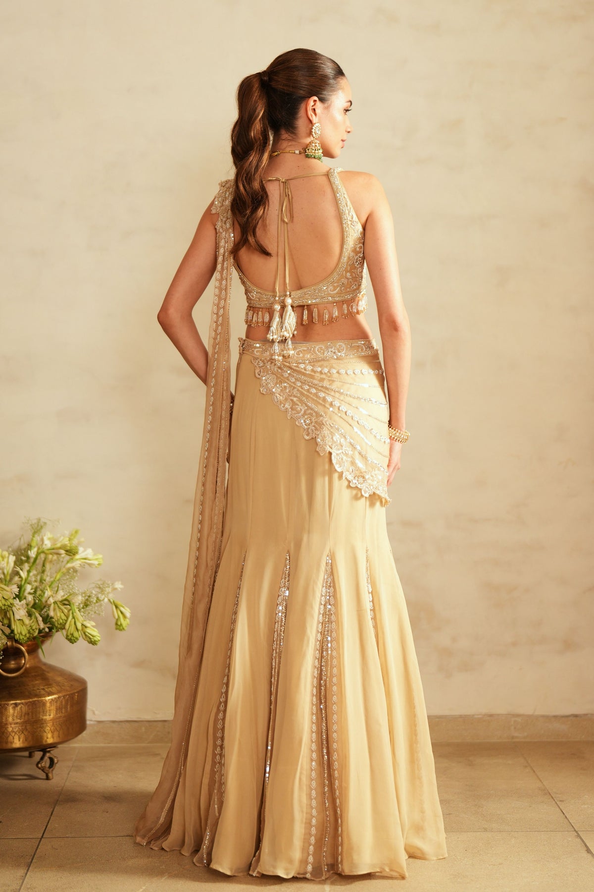 Beige Gold Lehenga Saree Set
