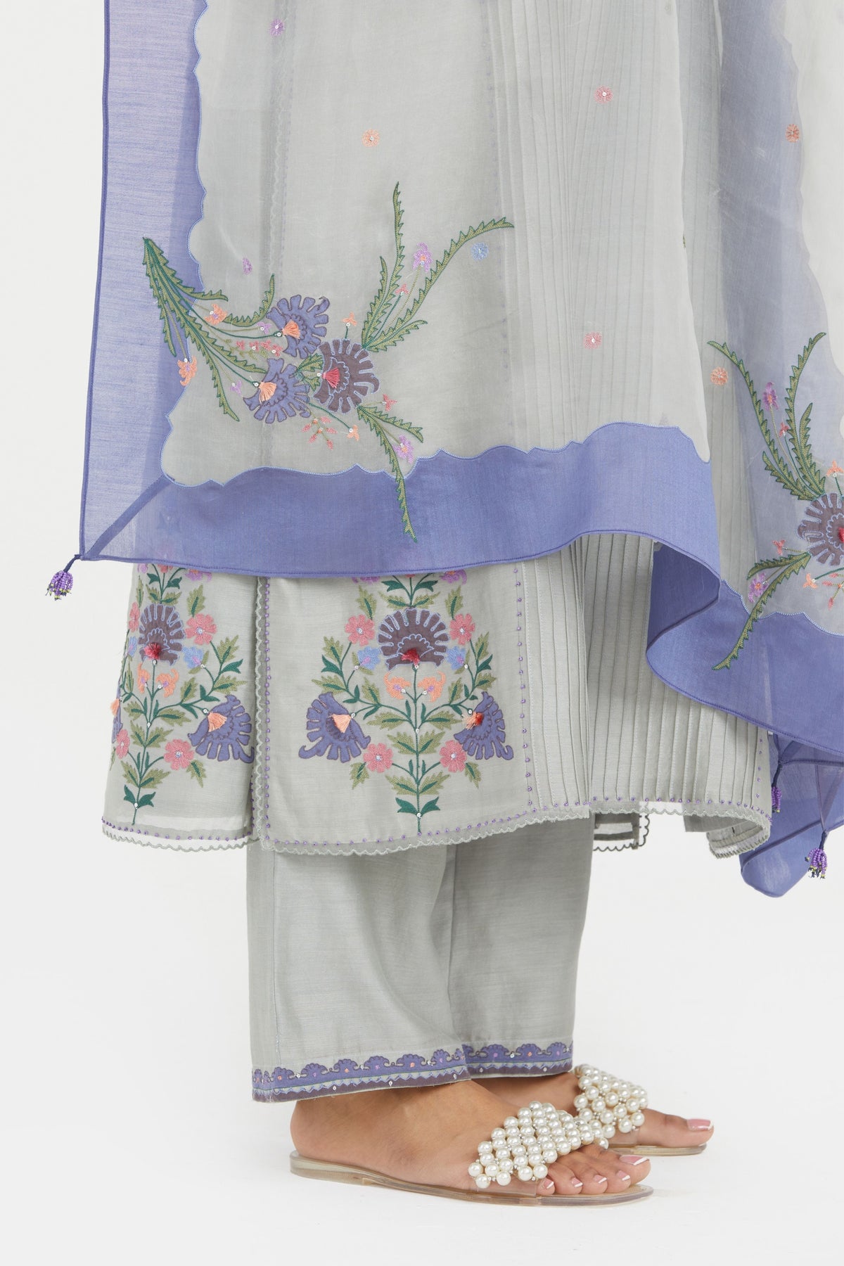 Bluish Grey Pintucks Kurta Set