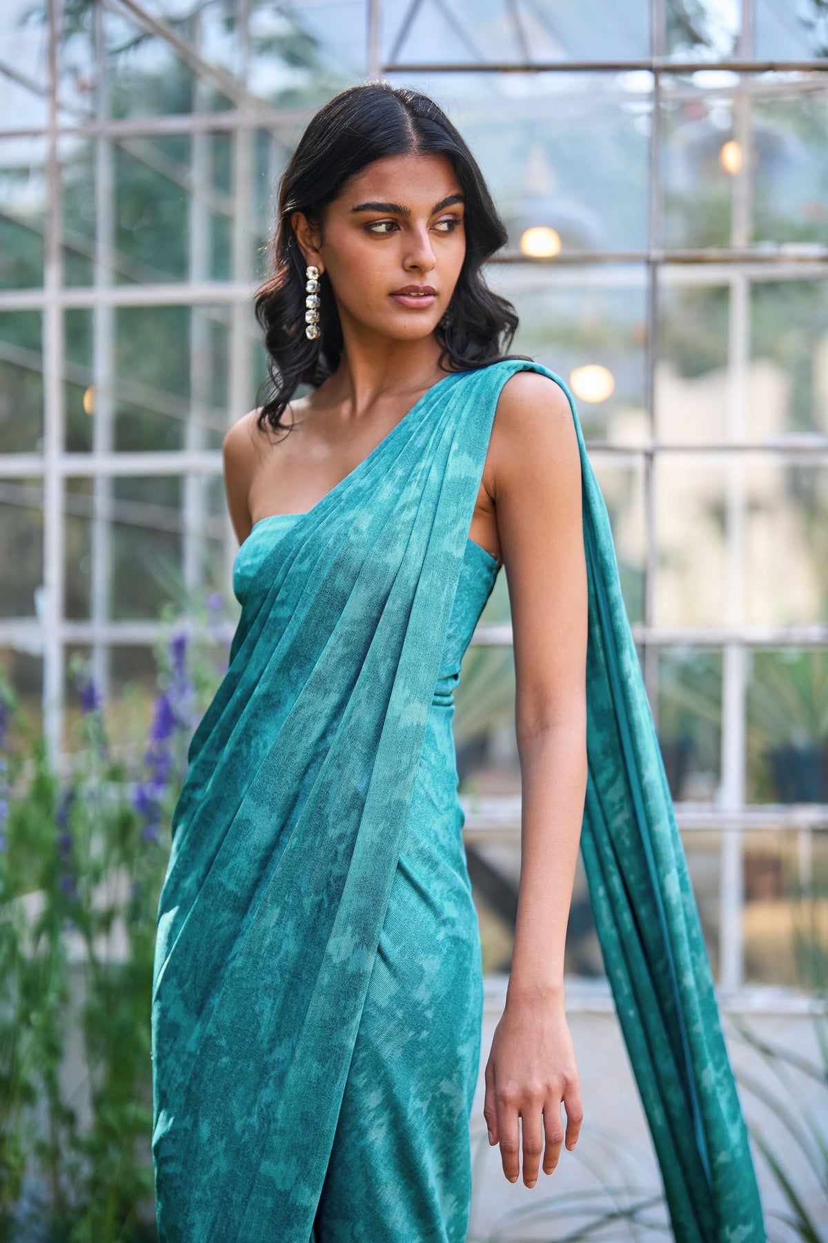 Aqua Blue Draped Sari Gown