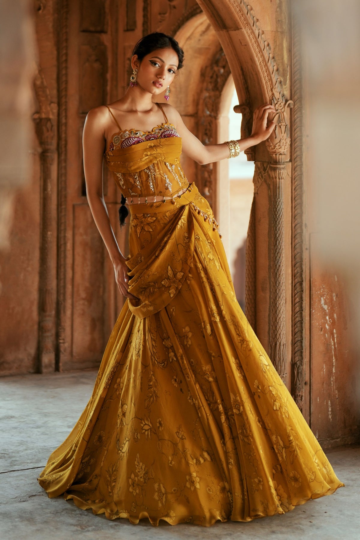 Gold Floral Embroidered Lehenga Set