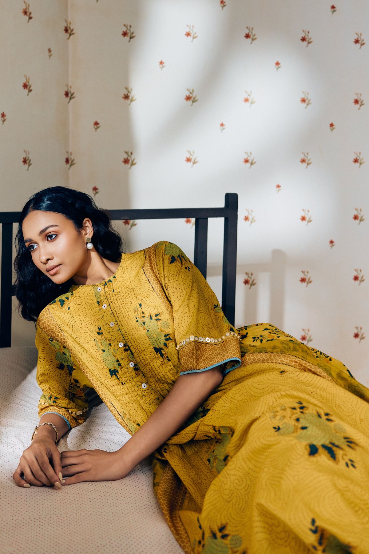 Mustard Rose Print Kurta Set