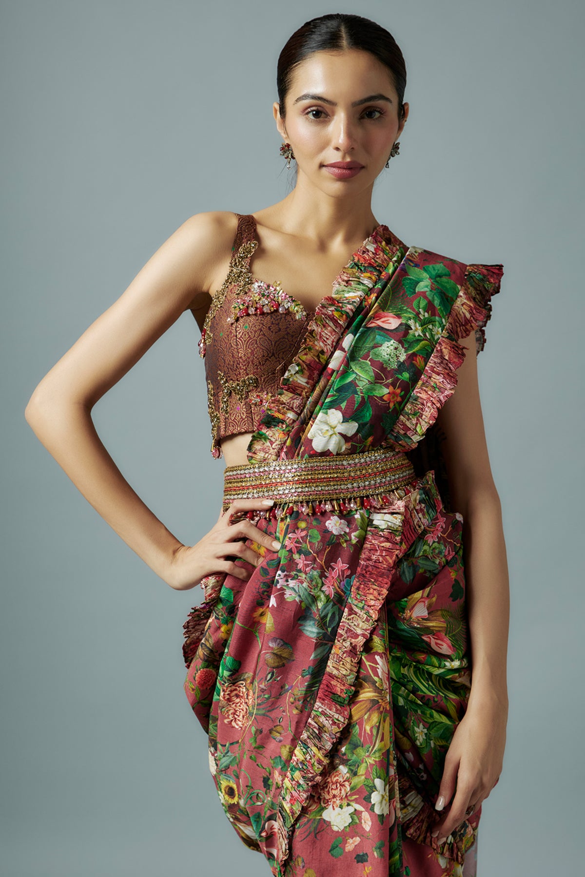 Maroon Embroidered Saree Set