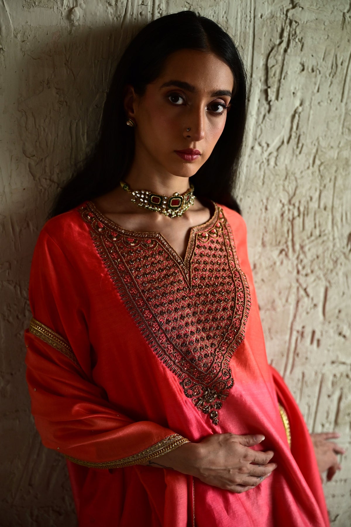 Coral Pink Ghevar Kurta Set
