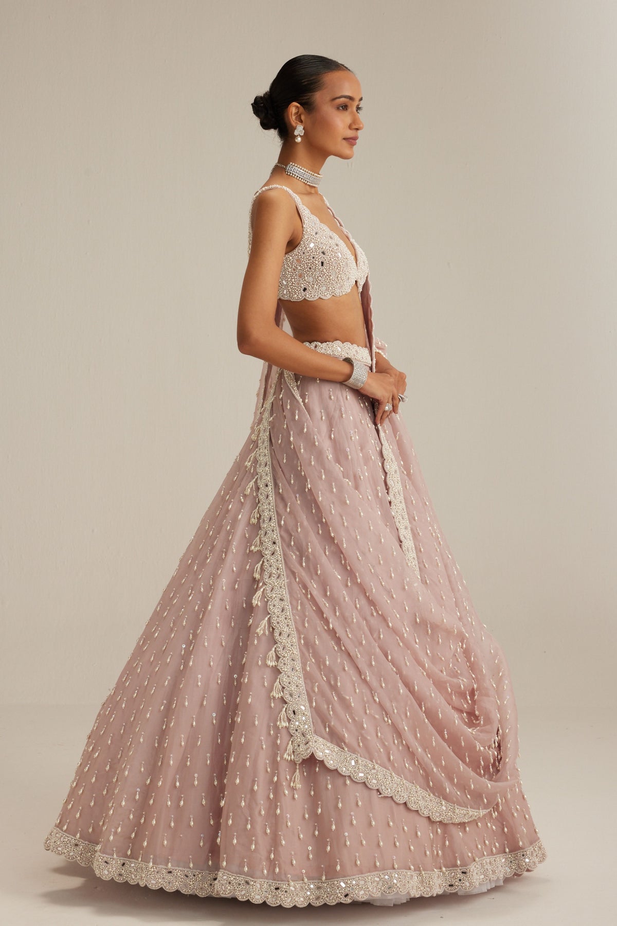 Ash Pink Pearl Drop Lehenga Set