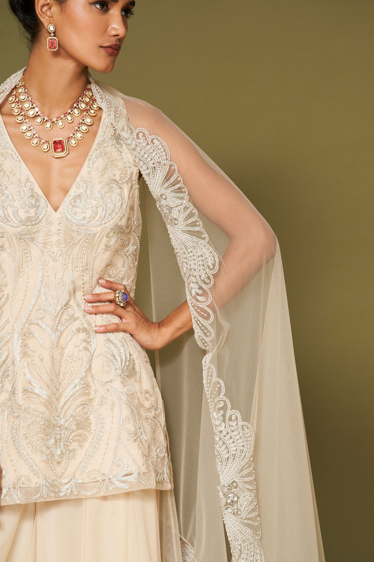 Almond Embroidered Net Sharara Set