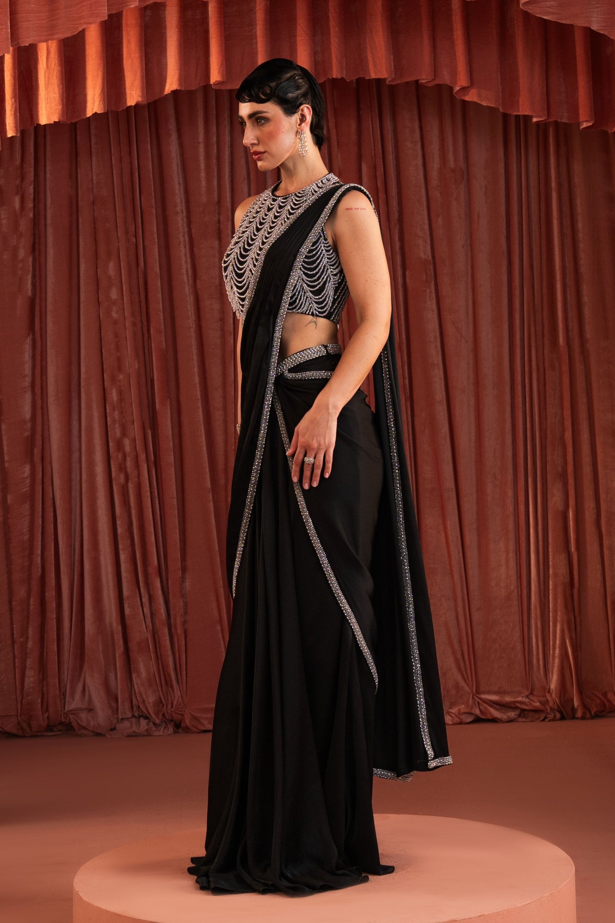 Black Sequin Draped Saree Set