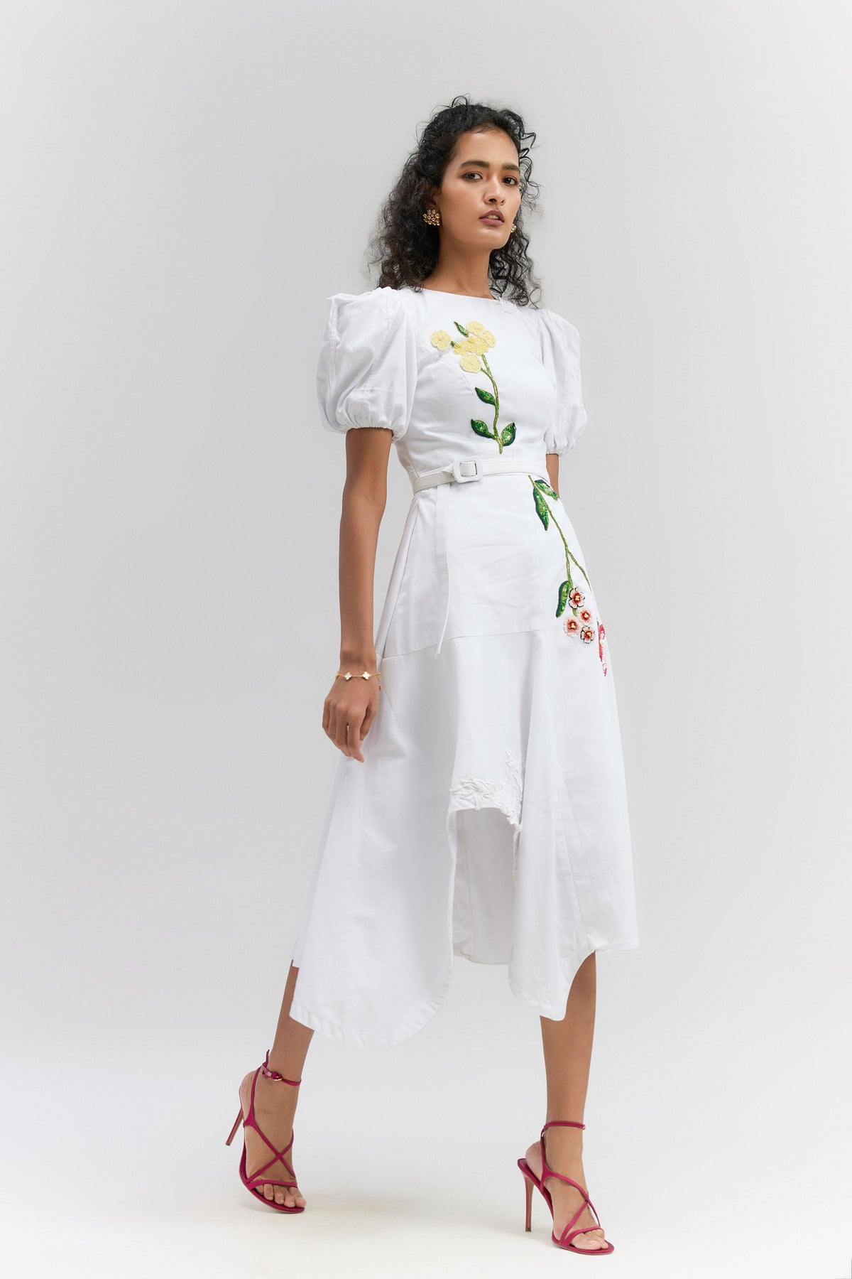 White Twill Cotton Midi Dress