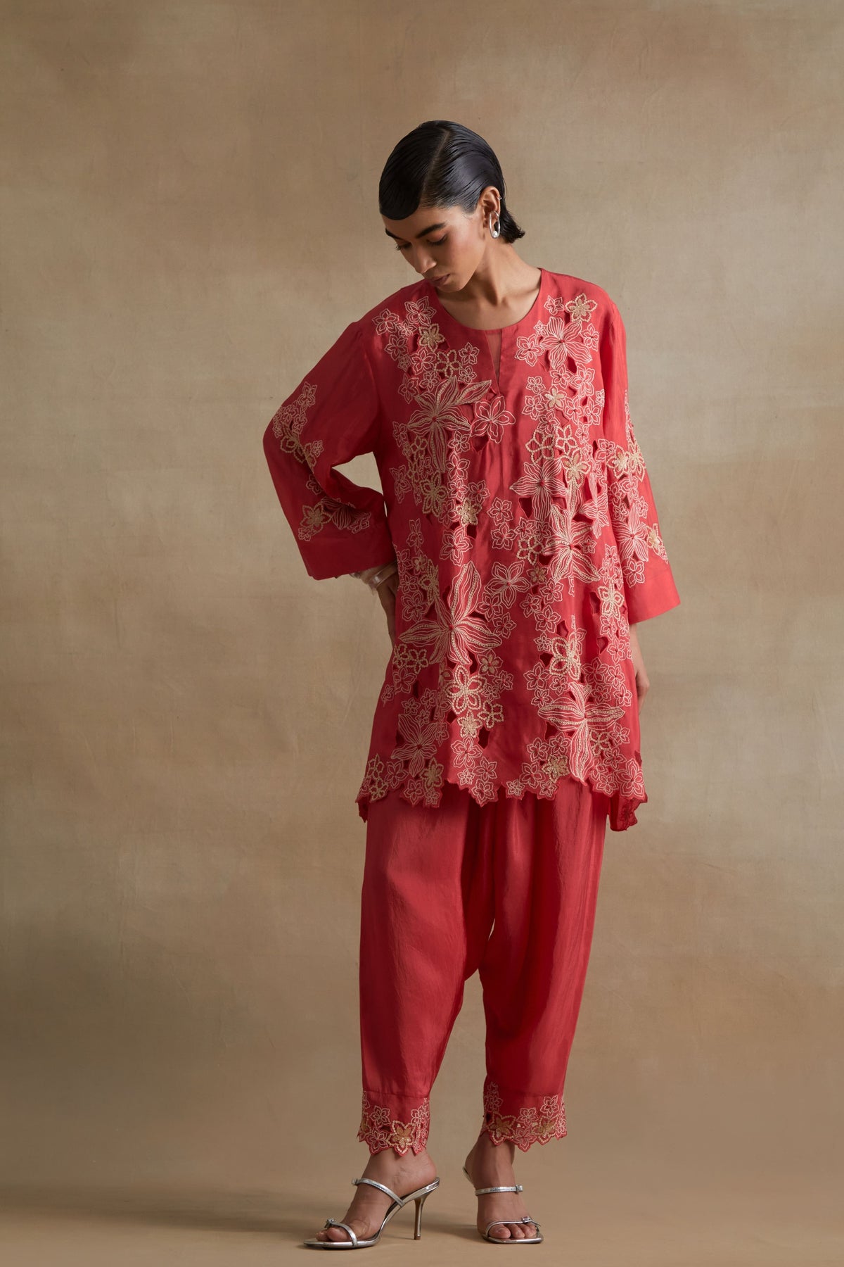 Tomato Floral Cutwork Embellished Set