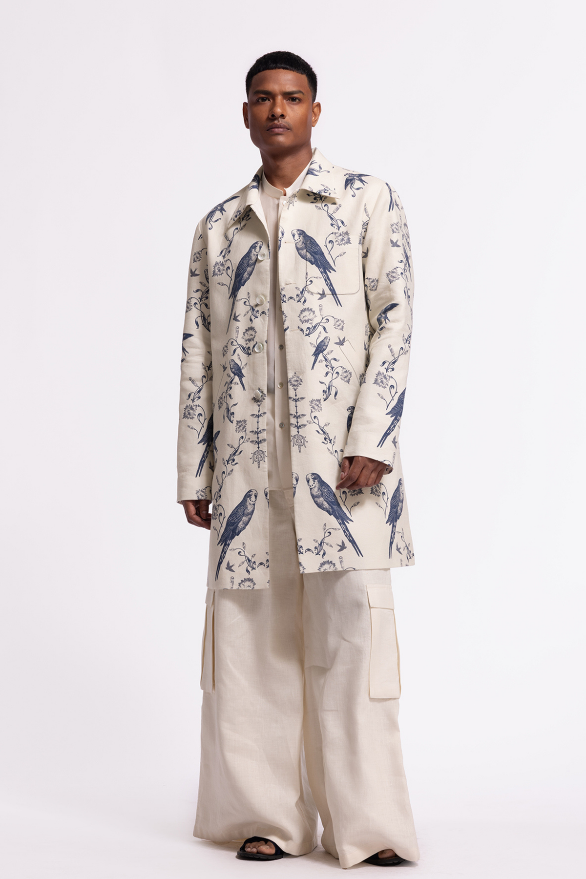 Ivory Bird-printed Long Jacket With Pockets