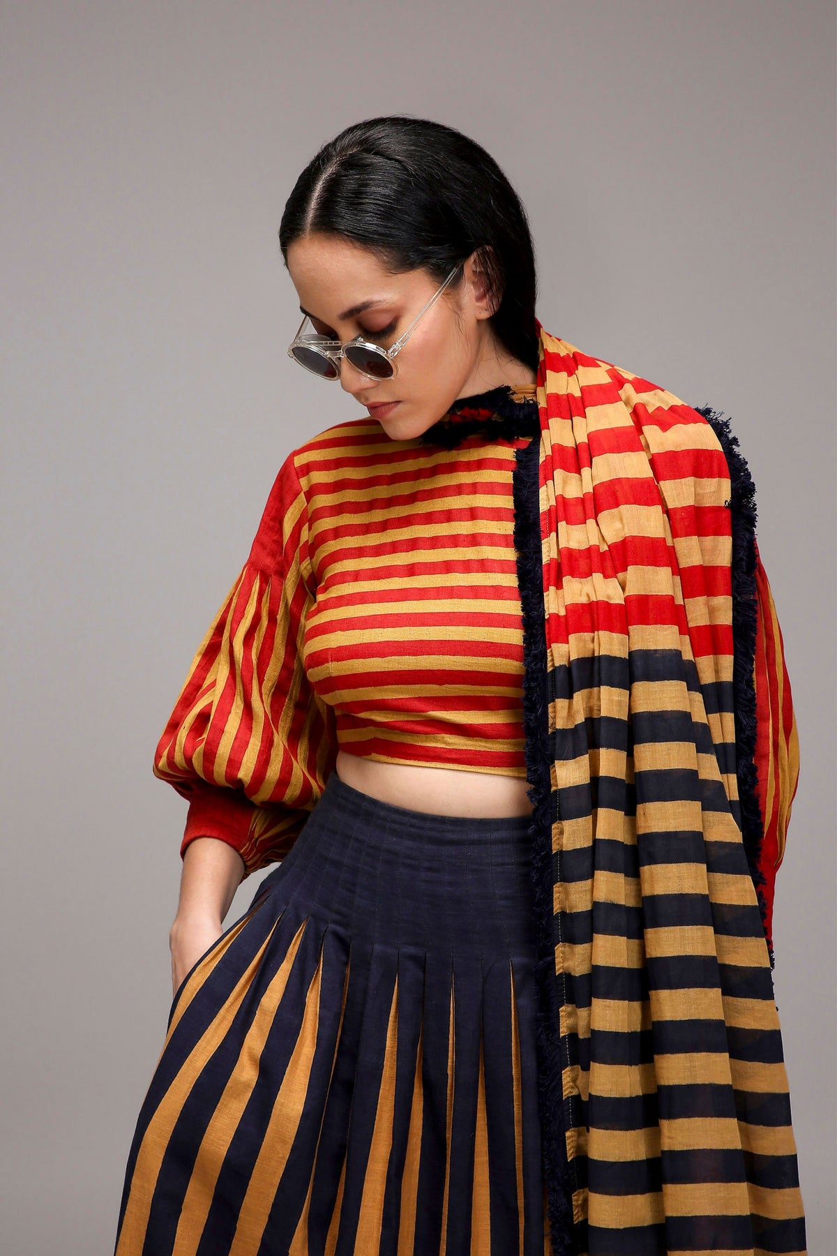 Crop Top Dual Striped Stole Skirt Set