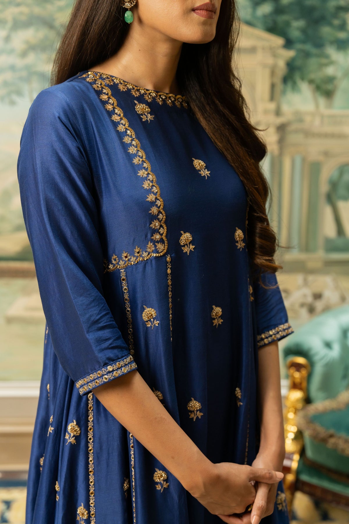 Electric Blue Butti Embroidered Kurta Set