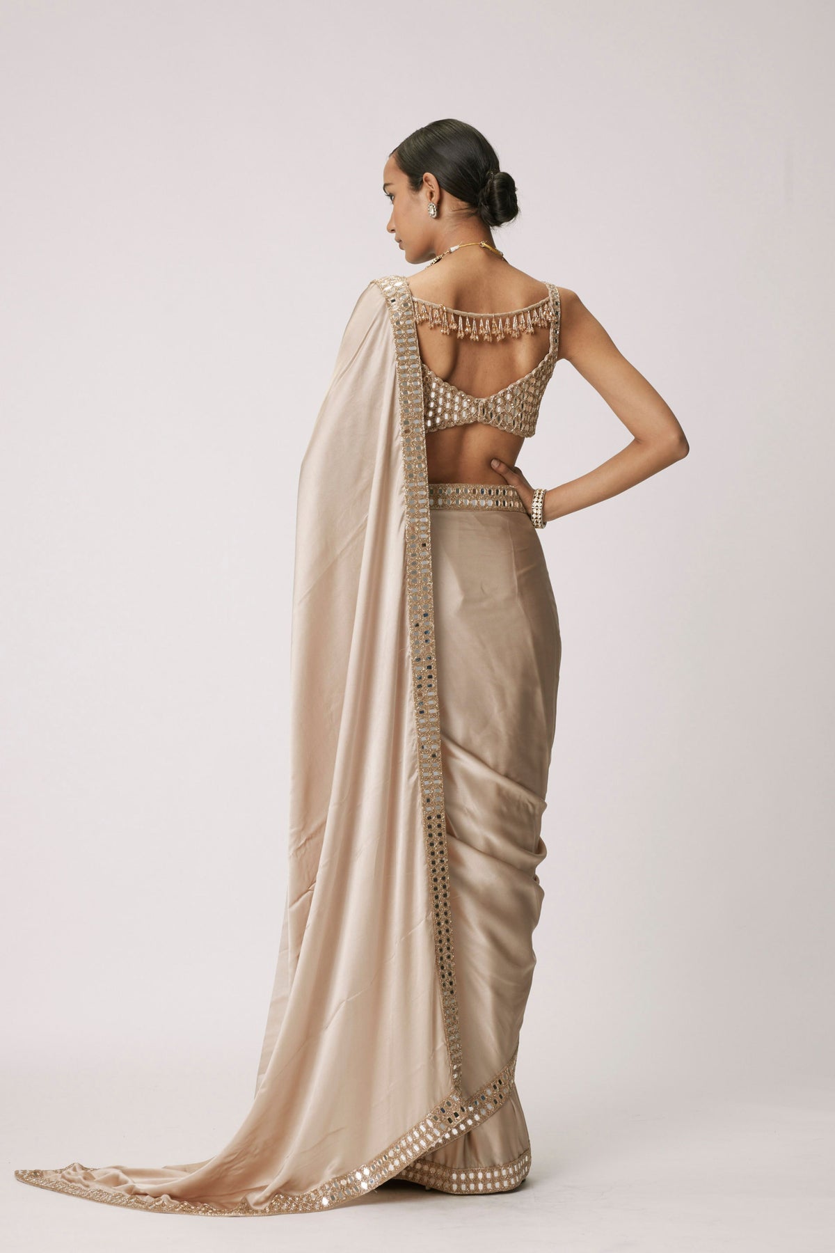 Light Beige Satin Saree Set