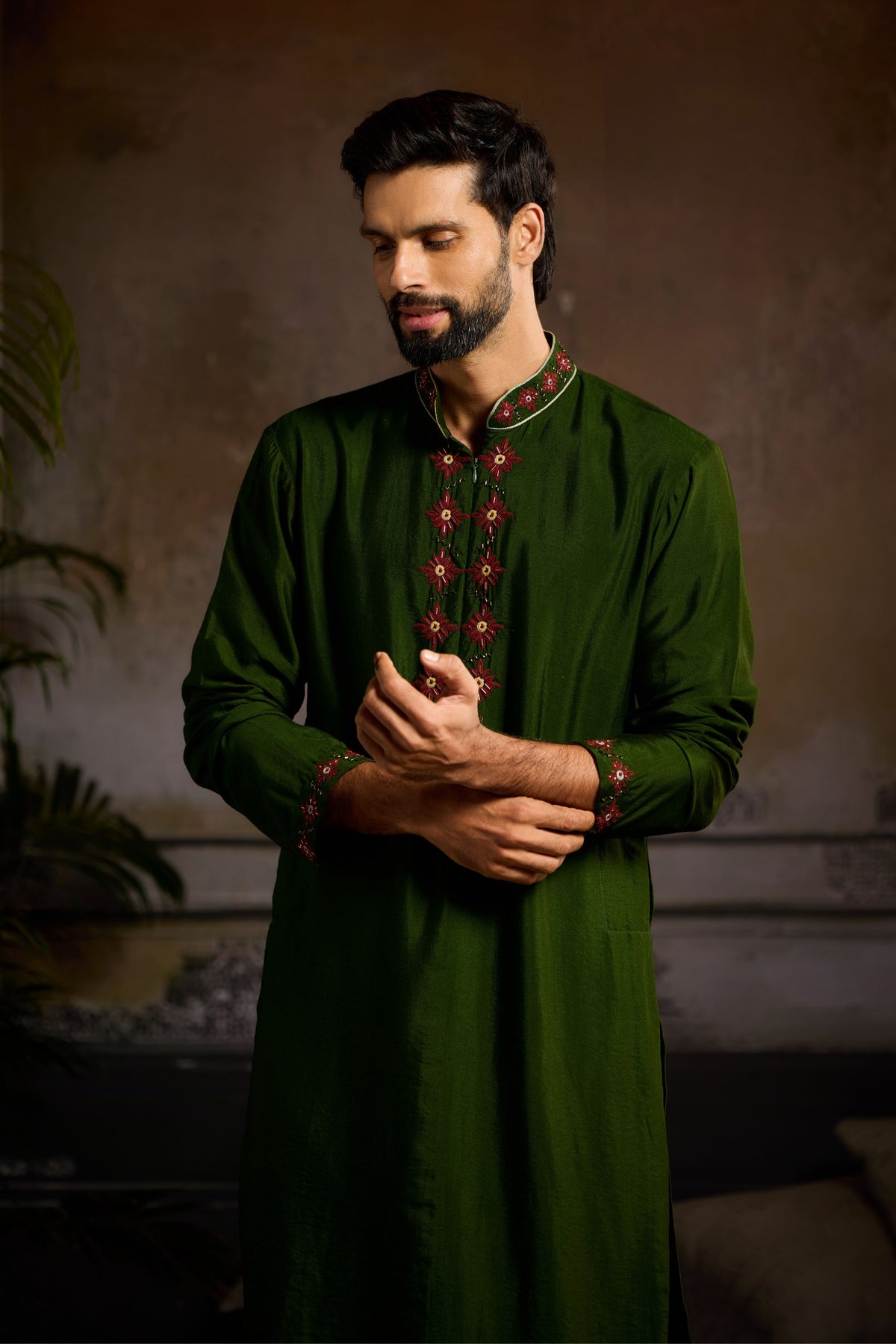 Olive Green Embroidered Kurta Set