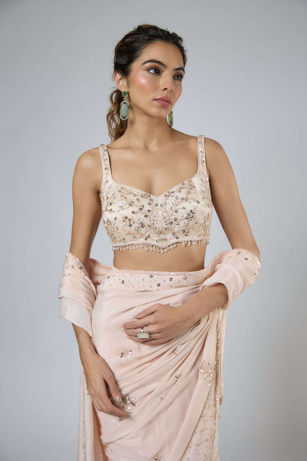 Light Peach Draped Saree Set