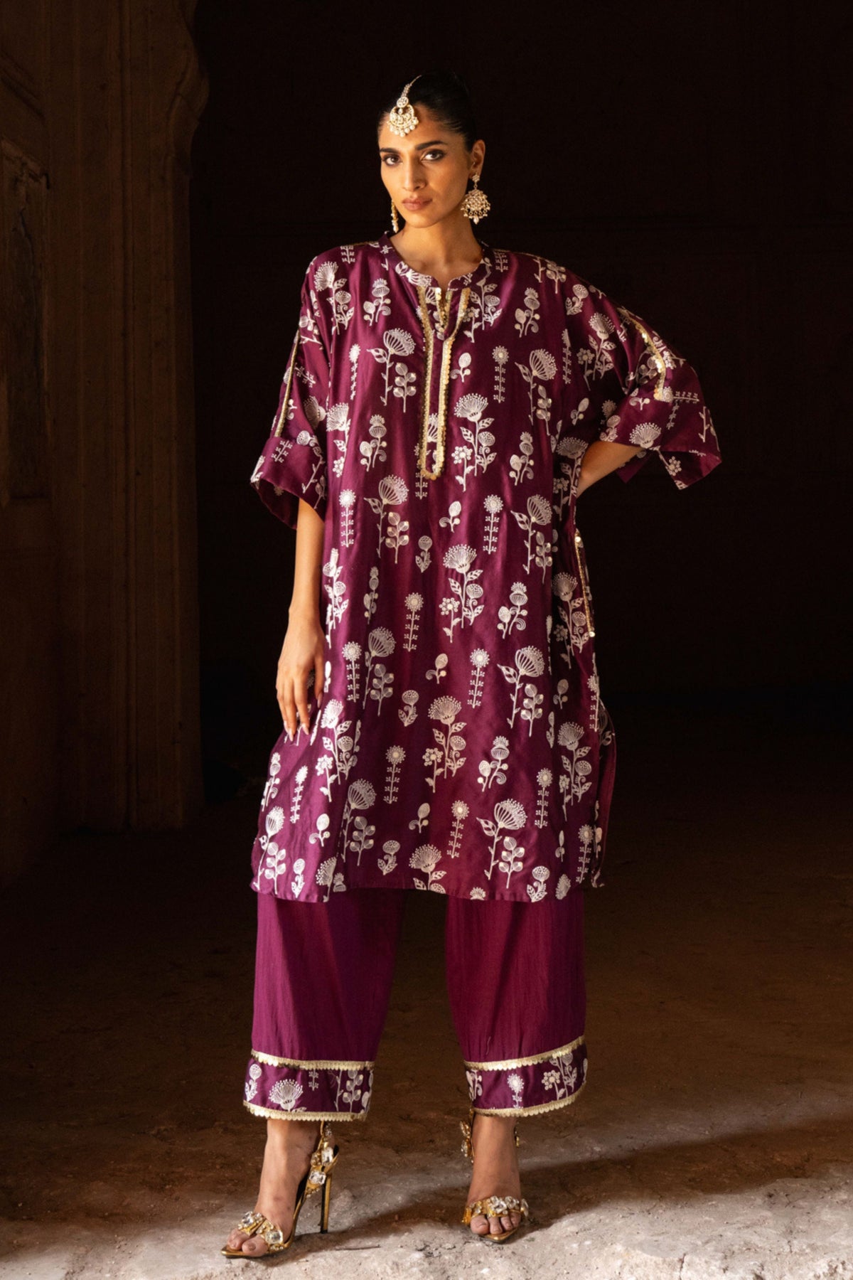 Wine Sunflower Kurta Set