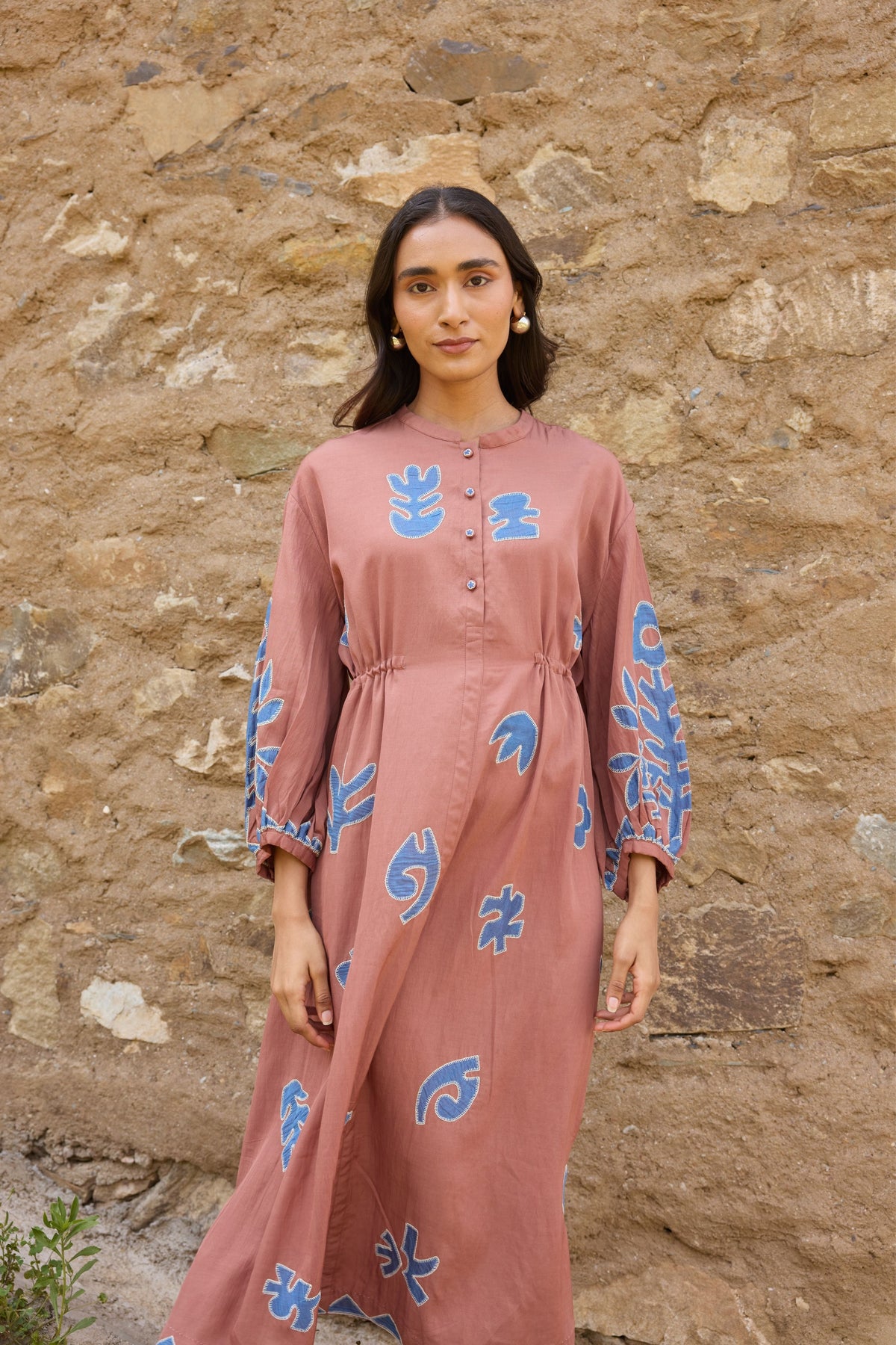Brown Waist Tie Hand Appliqué Dress