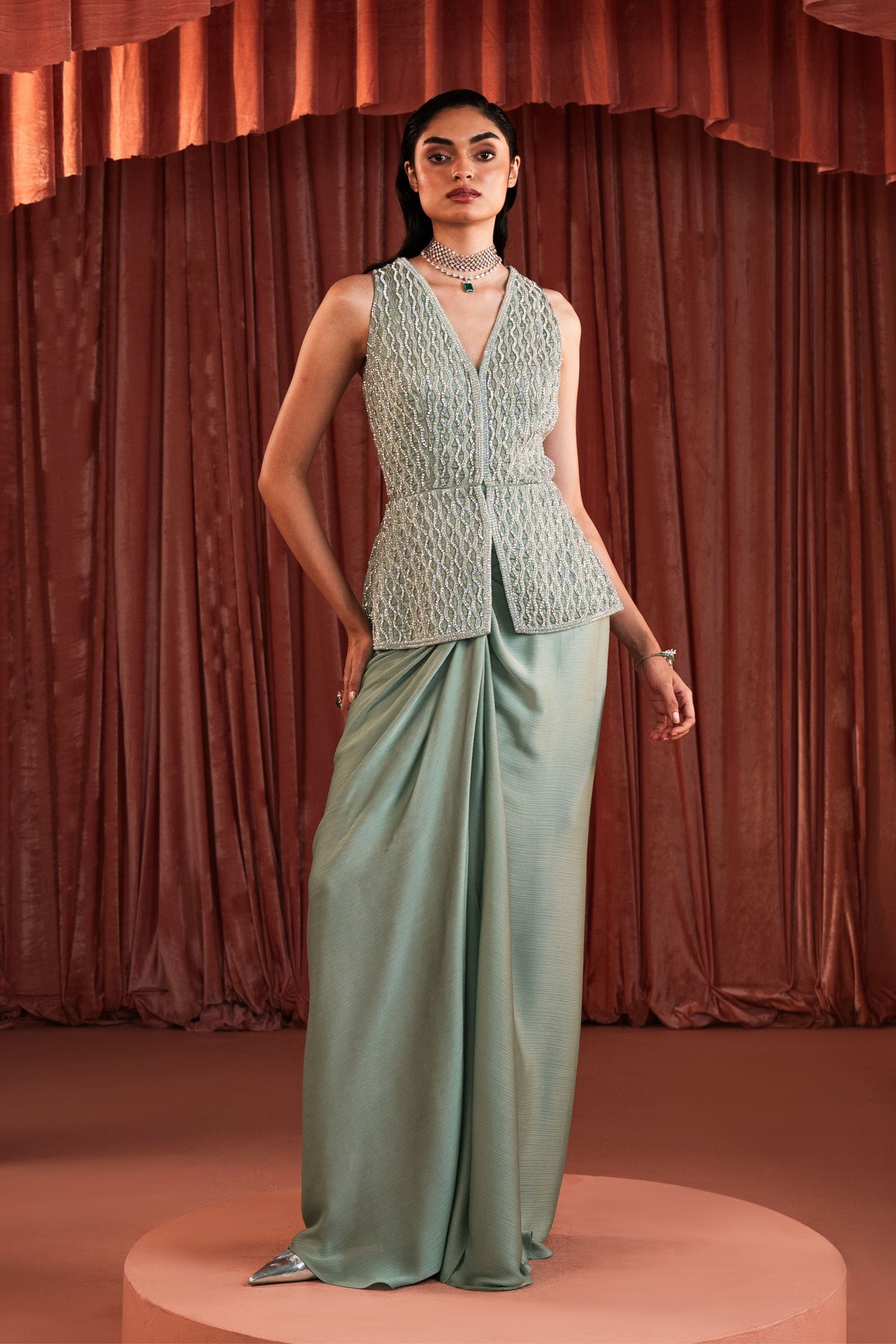 Sage Green Beaded Jacket Set