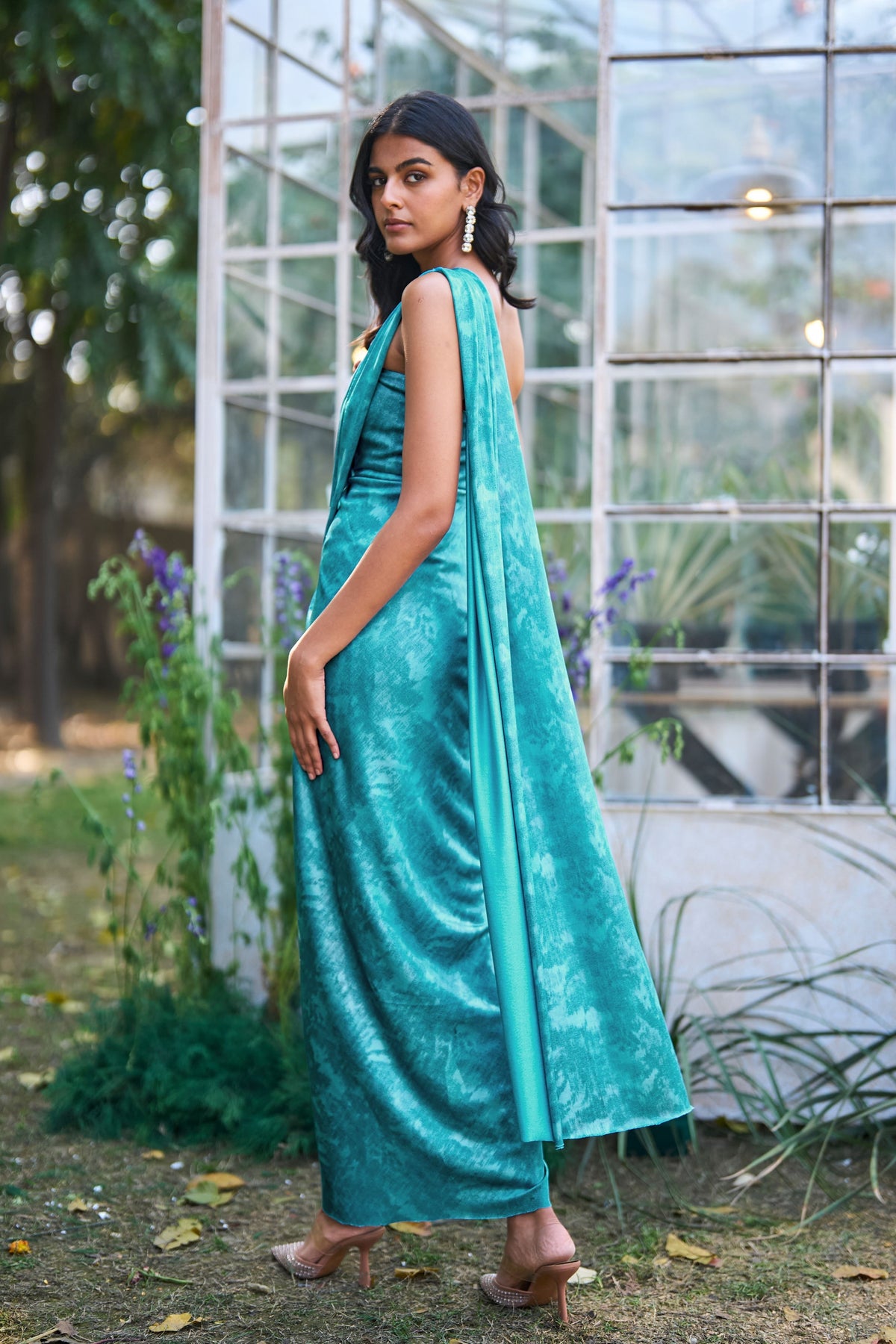Aqua Blue Draped Sari Gown