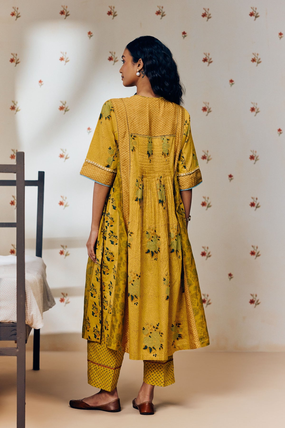 Mustard Rose Print Kurta Set