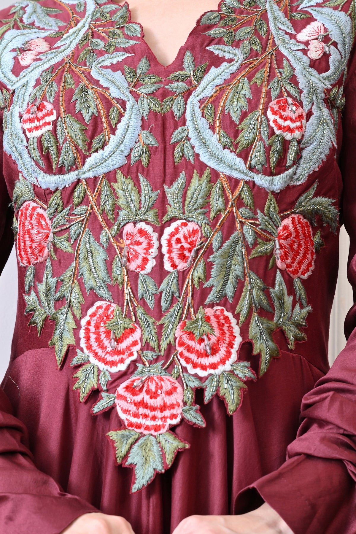 Maroon V-neck Embroidered Anarkali