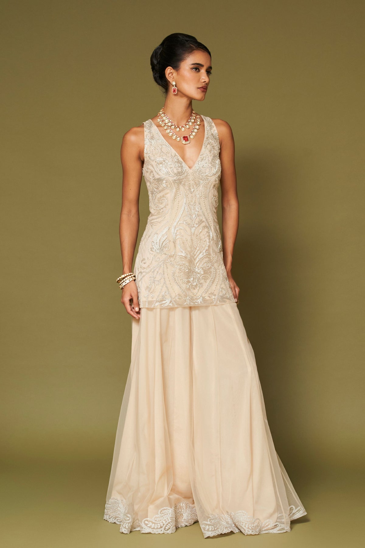 Almond Embroidered Net Sharara Set