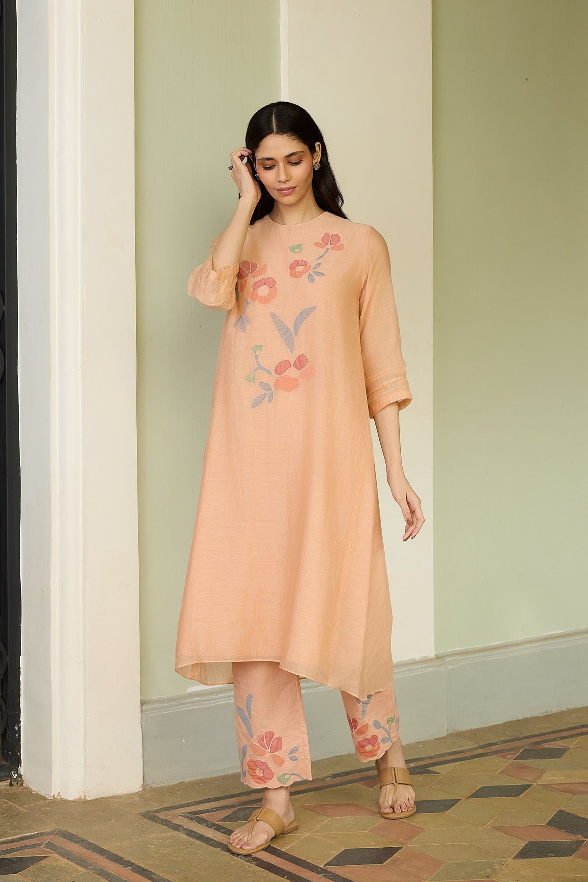 Peach Applique Floral Tunic Set