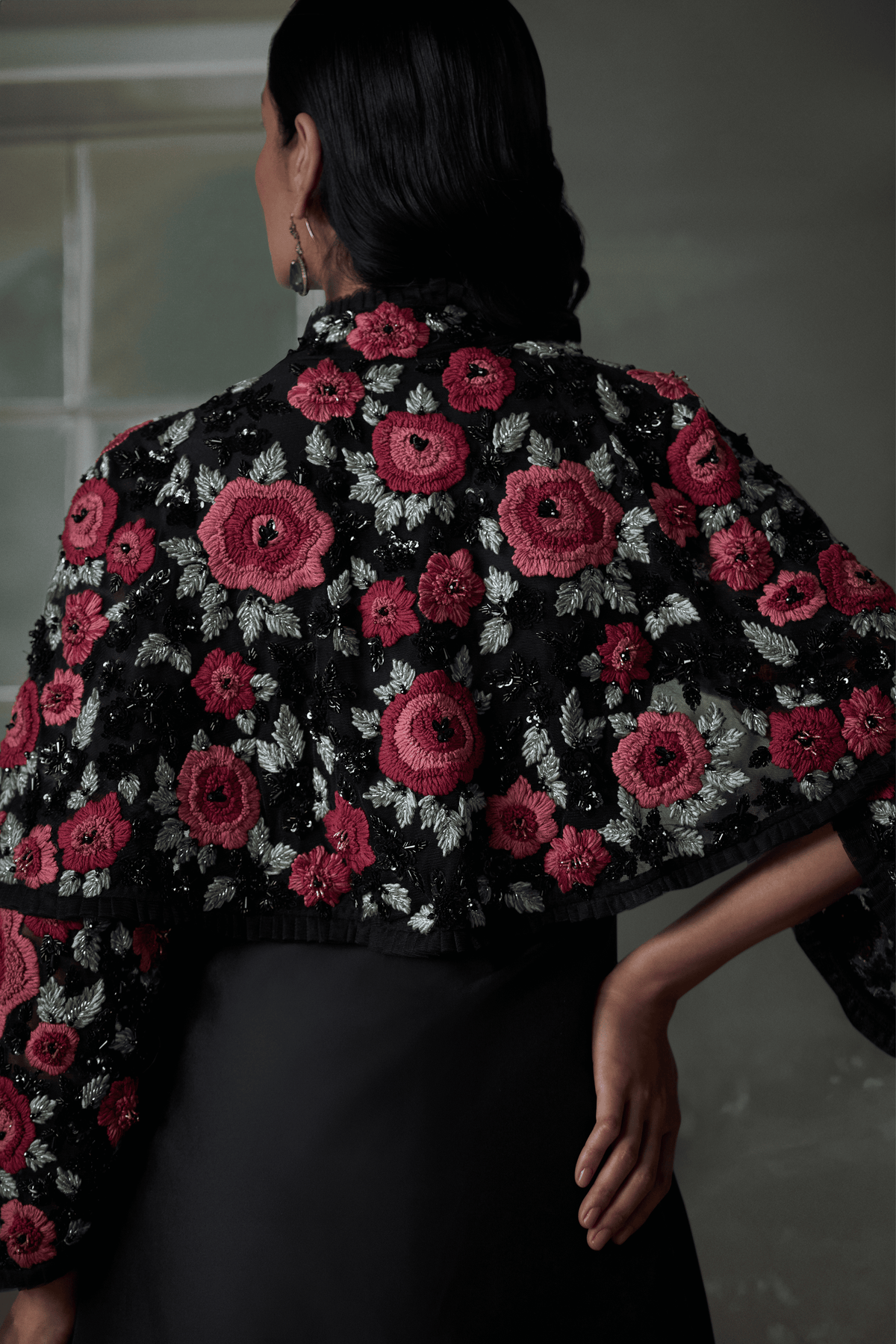 Floral Embroidered Black Long Dress  Set