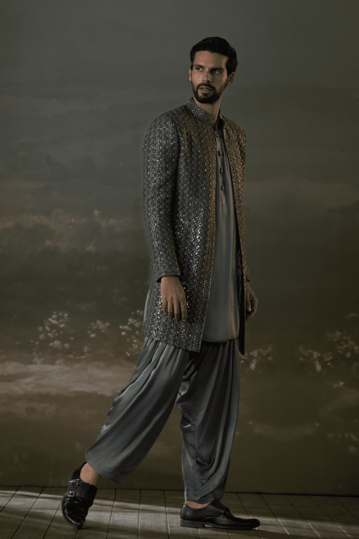 Grey Open Jacket With Kurta and Set