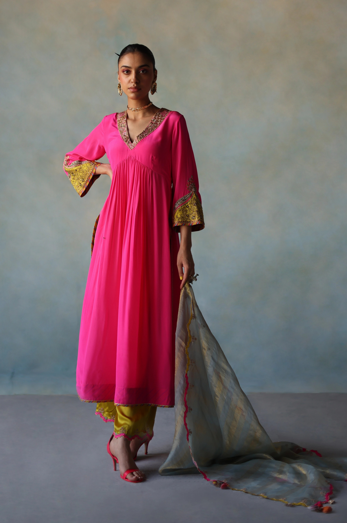 Gul Hot Pink Bell Sleeve Crepe Kurta Set