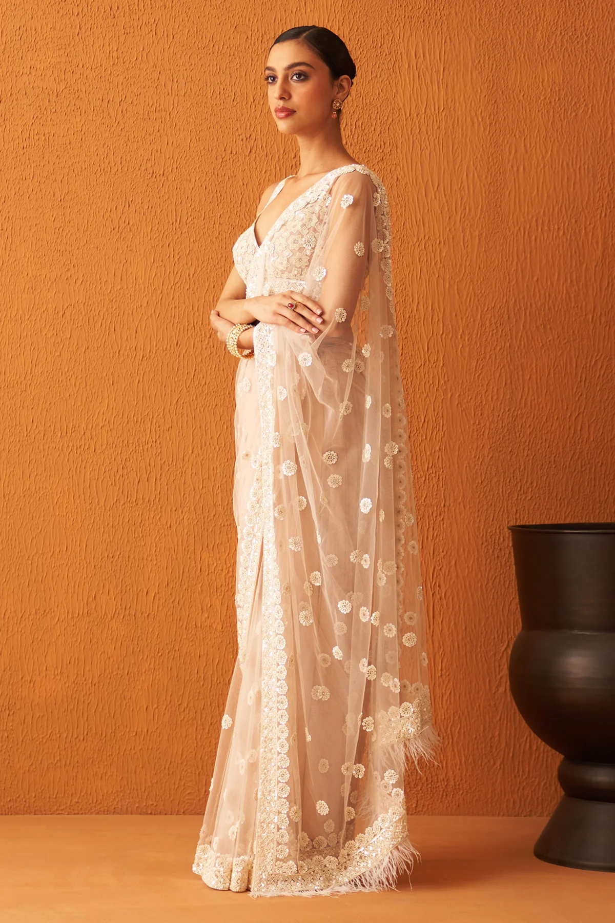 Peach Net Saree